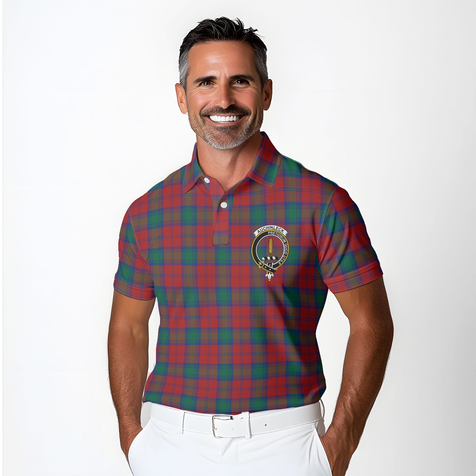 Clan Auchinleck Tartan Golf Men Polo Shirt Crest And Plaid Basic Style