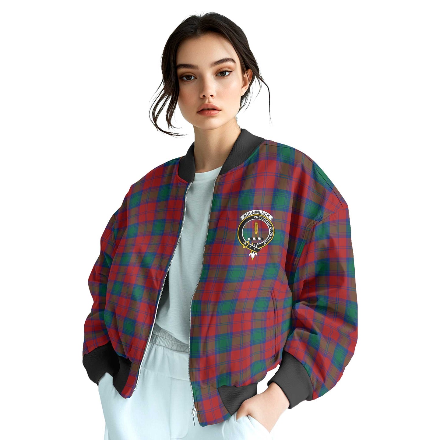 Clan Auchinleck Tartan Women Bomber Jacket Crest And Plaid Basic Style