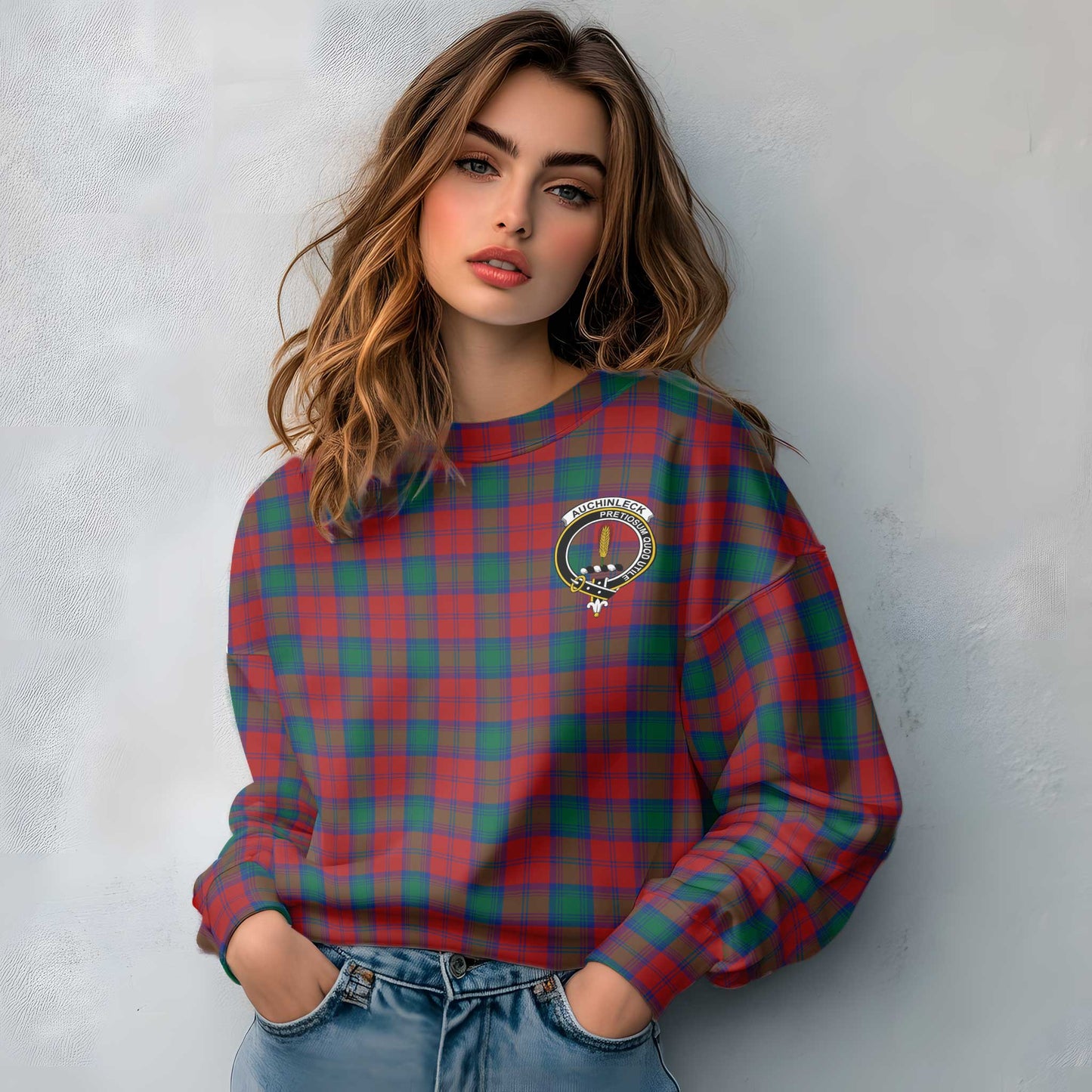 Clan Auchinleck Tartan Women Sweatshirt Crest And Plaid Basic Style