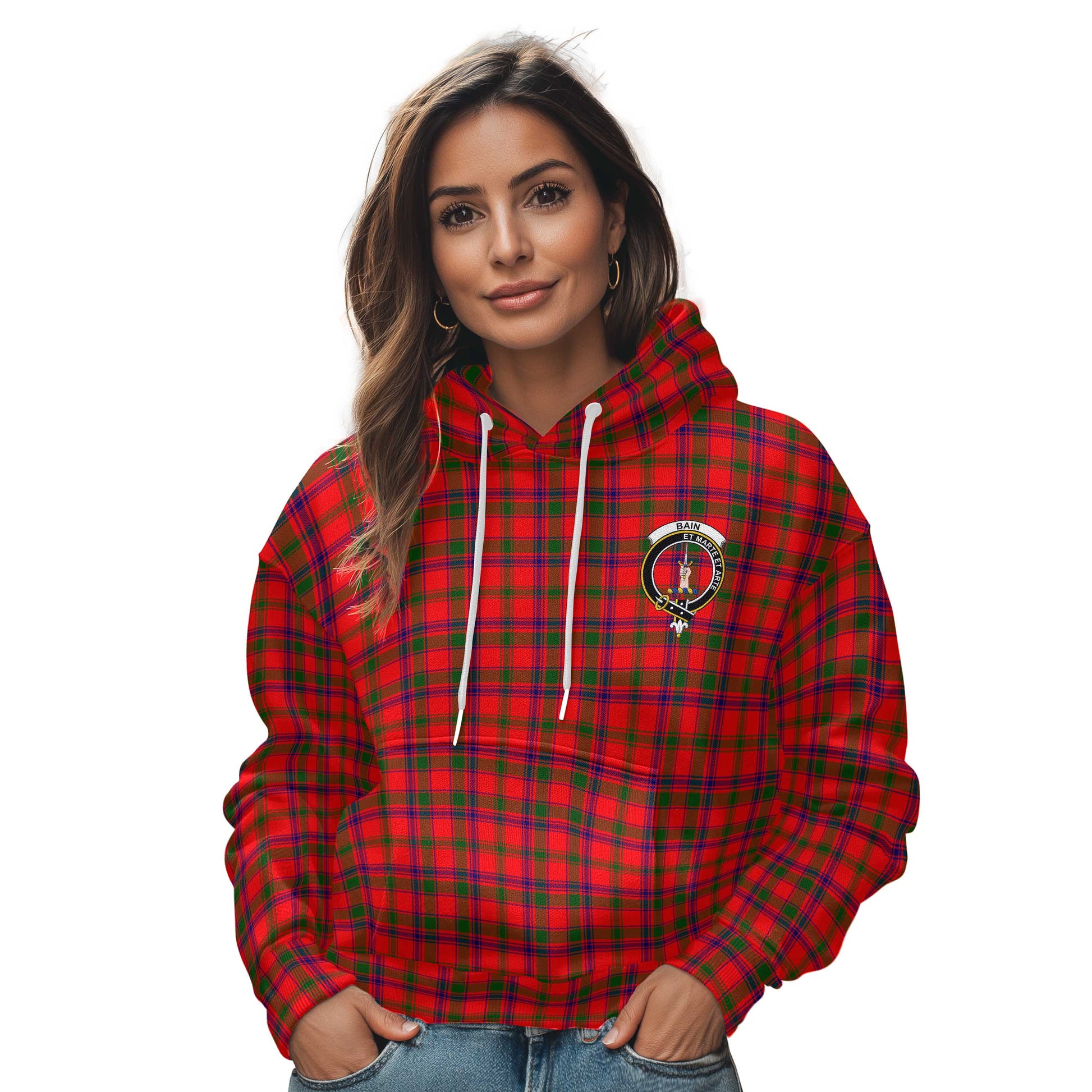 Clan Bain Tartan Women Hoodie Crest And Plaid Basic Style