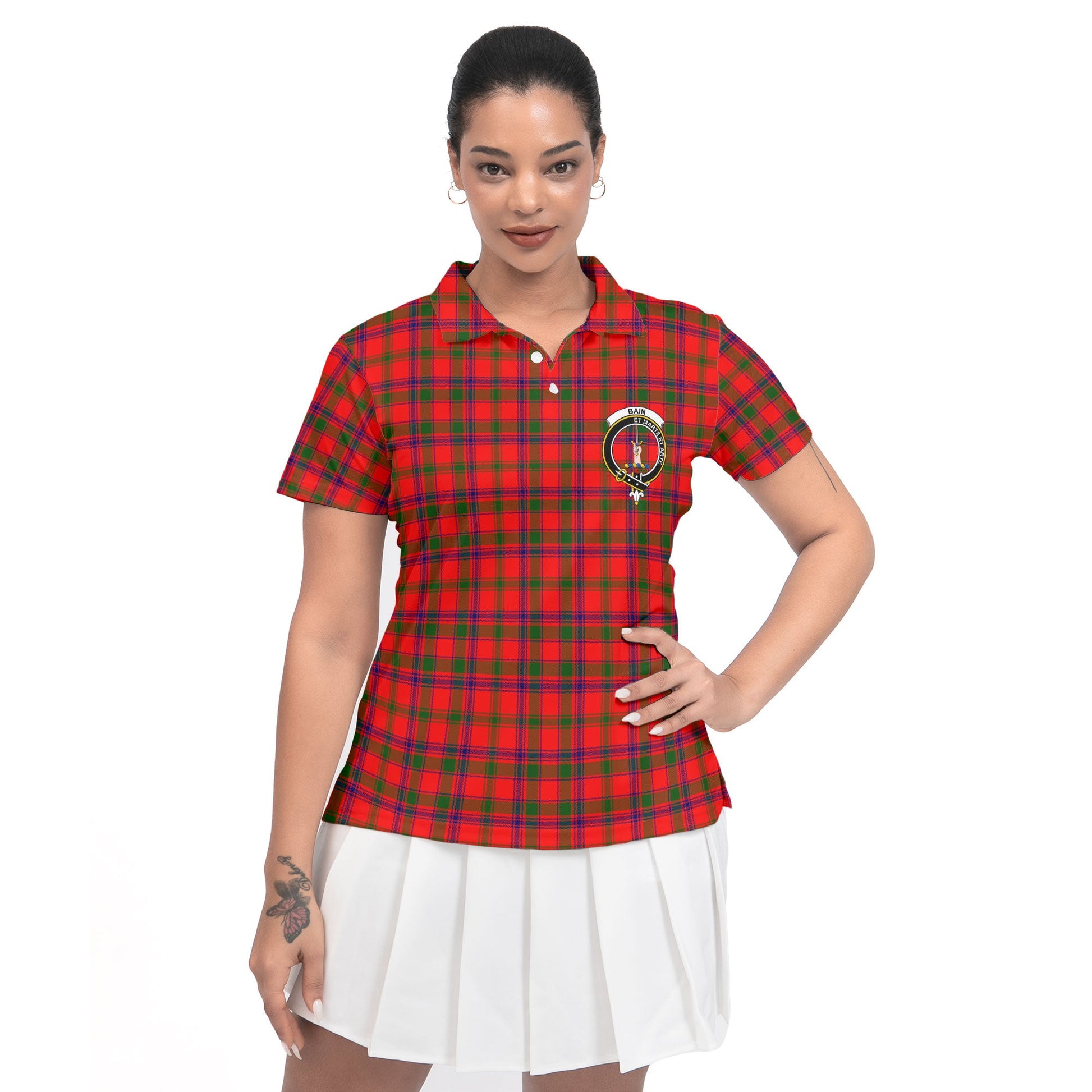 Clan Bain Tartan Women Polo Shirt Crest And Plaid Basic Style