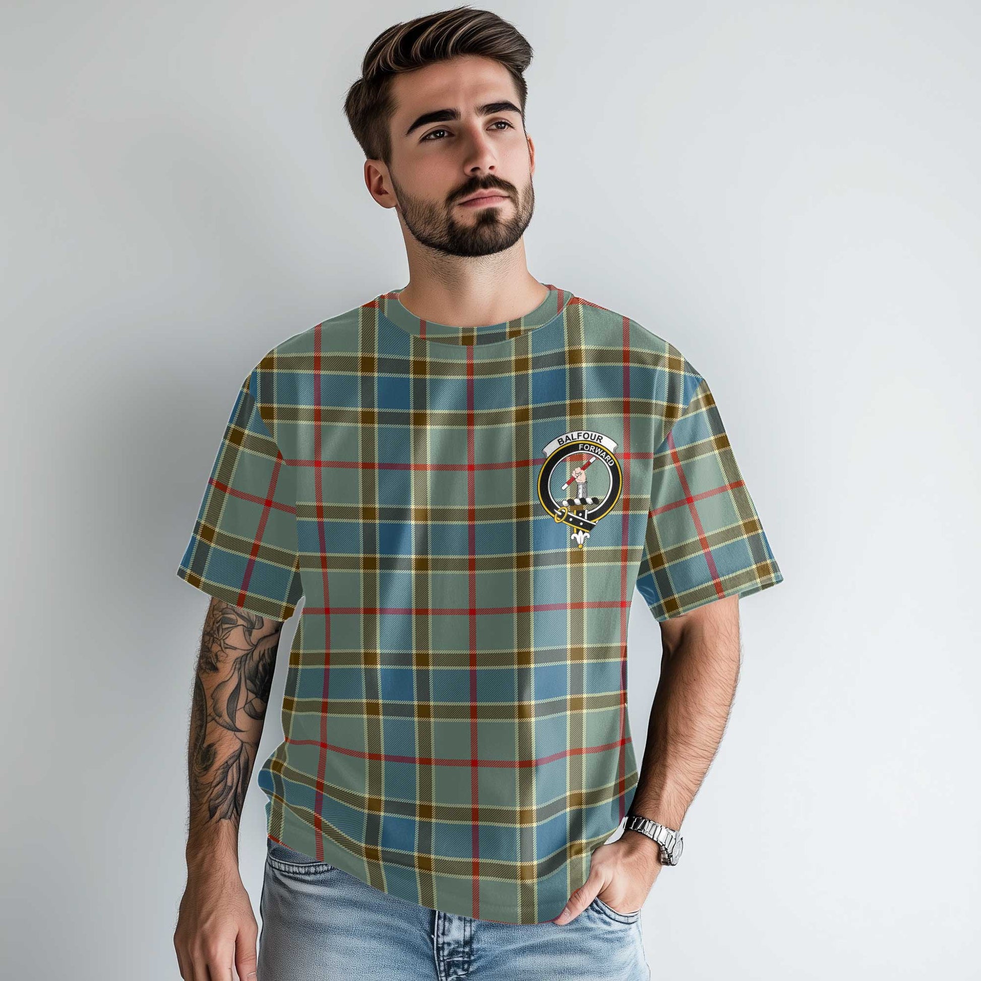 Clan Balfour Tartan Men T Shirt Crest And Plaid Basic Style