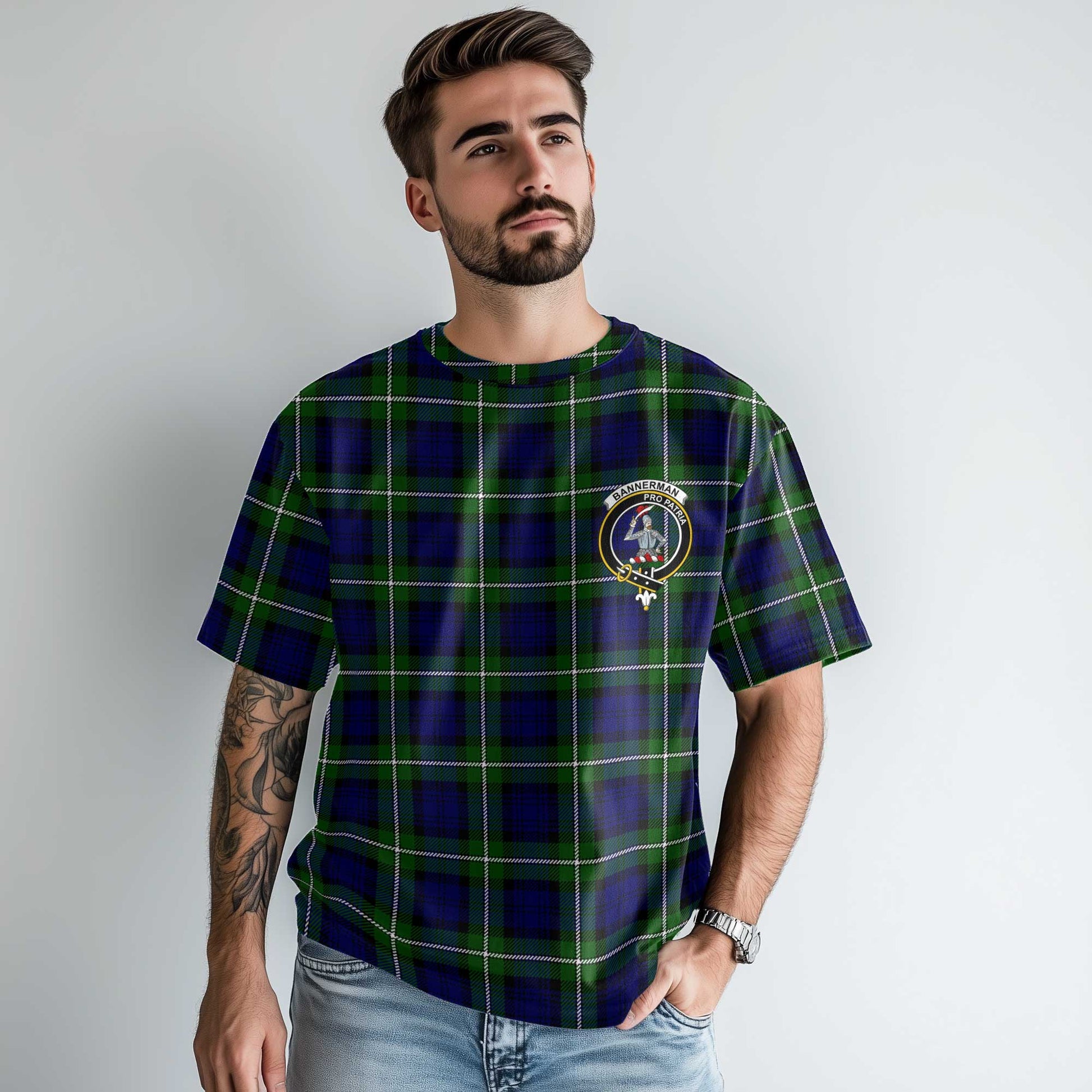 Clan Bannerman Tartan Men T Shirt Crest And Plaid Basic Style