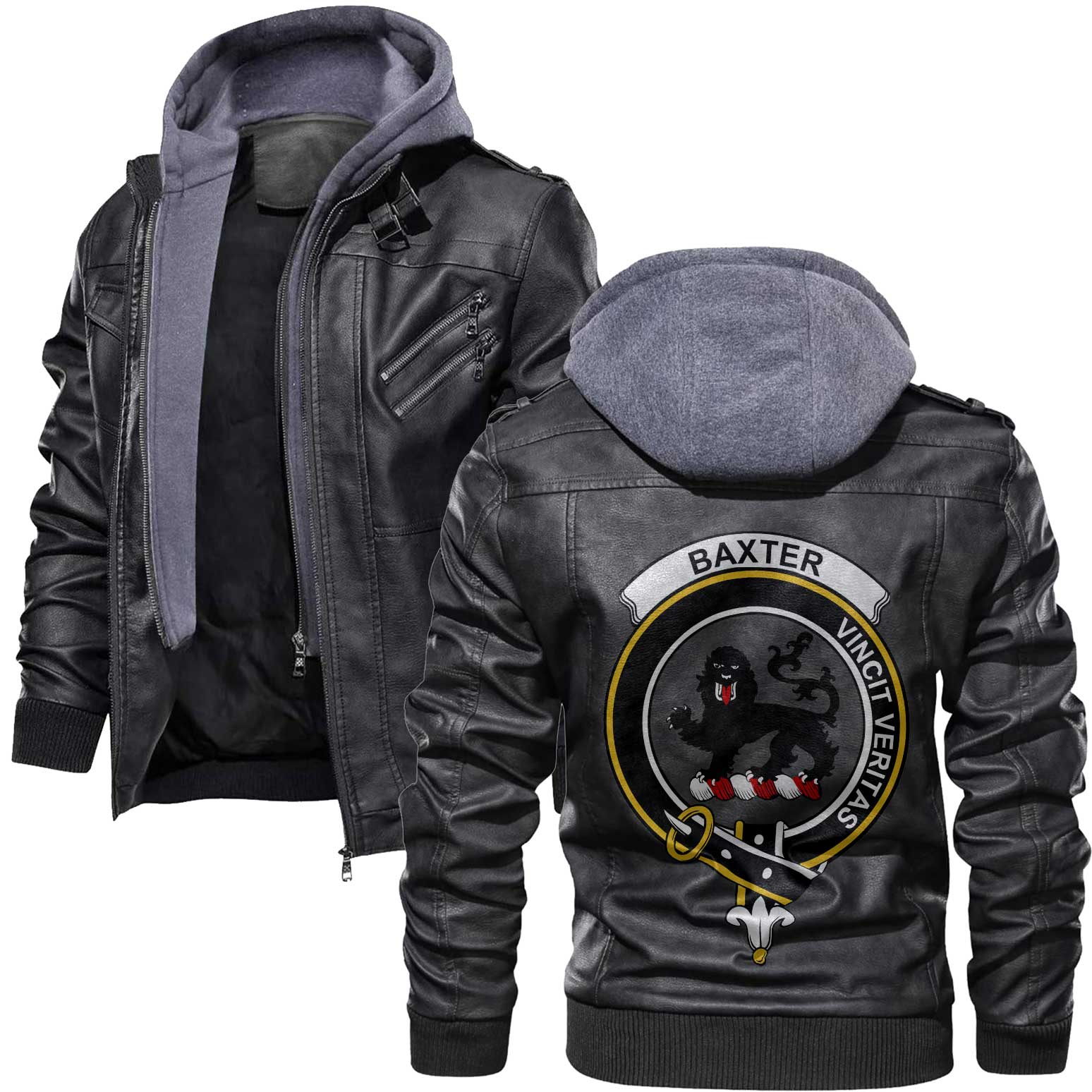 Clan Baxter Tartan Zip Leather Jacket Crest And Plaid Basic Style