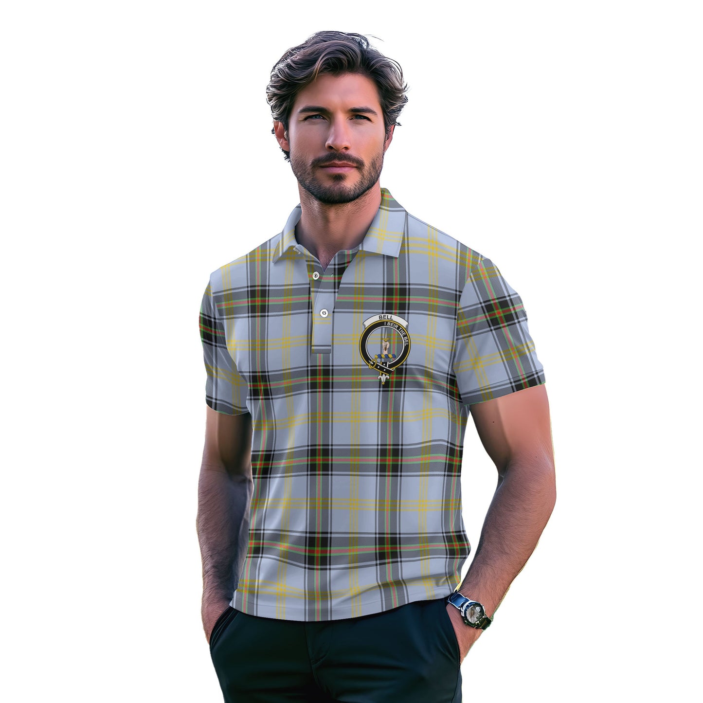 Clan Bell Tartan Golf Men Polo Shirt Crest And Plaid Basic Style