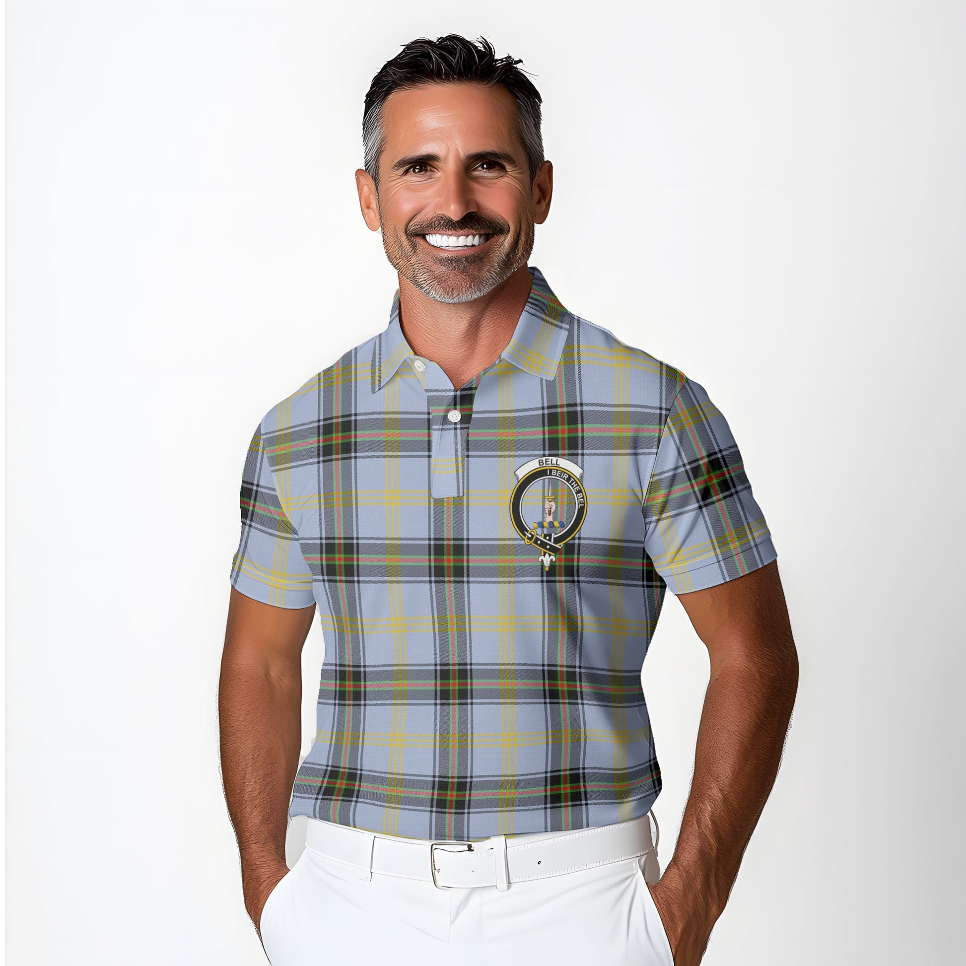 Clan Bell Tartan Golf Men Polo Shirt Crest And Plaid Basic Style