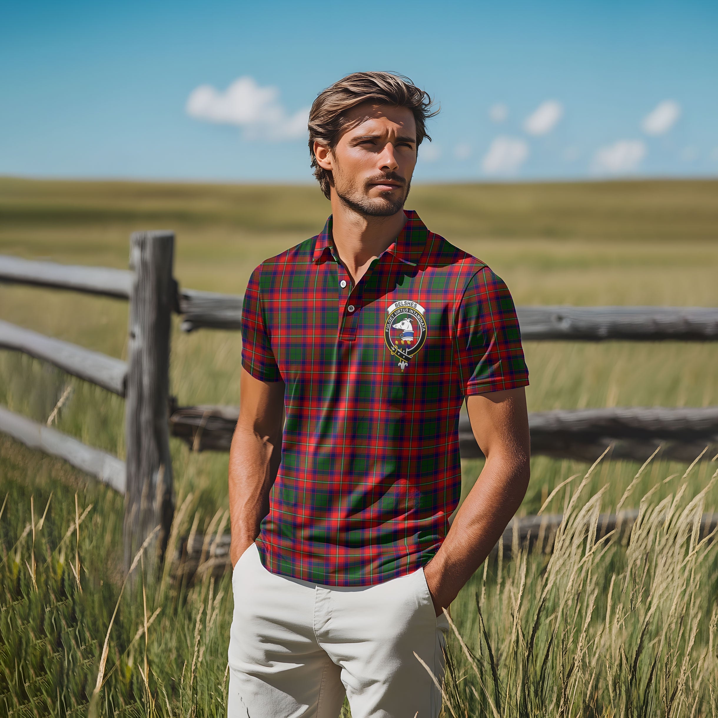 Clan Belshes Tartan Men Polo Shirt Crest And Plaid Basic Style