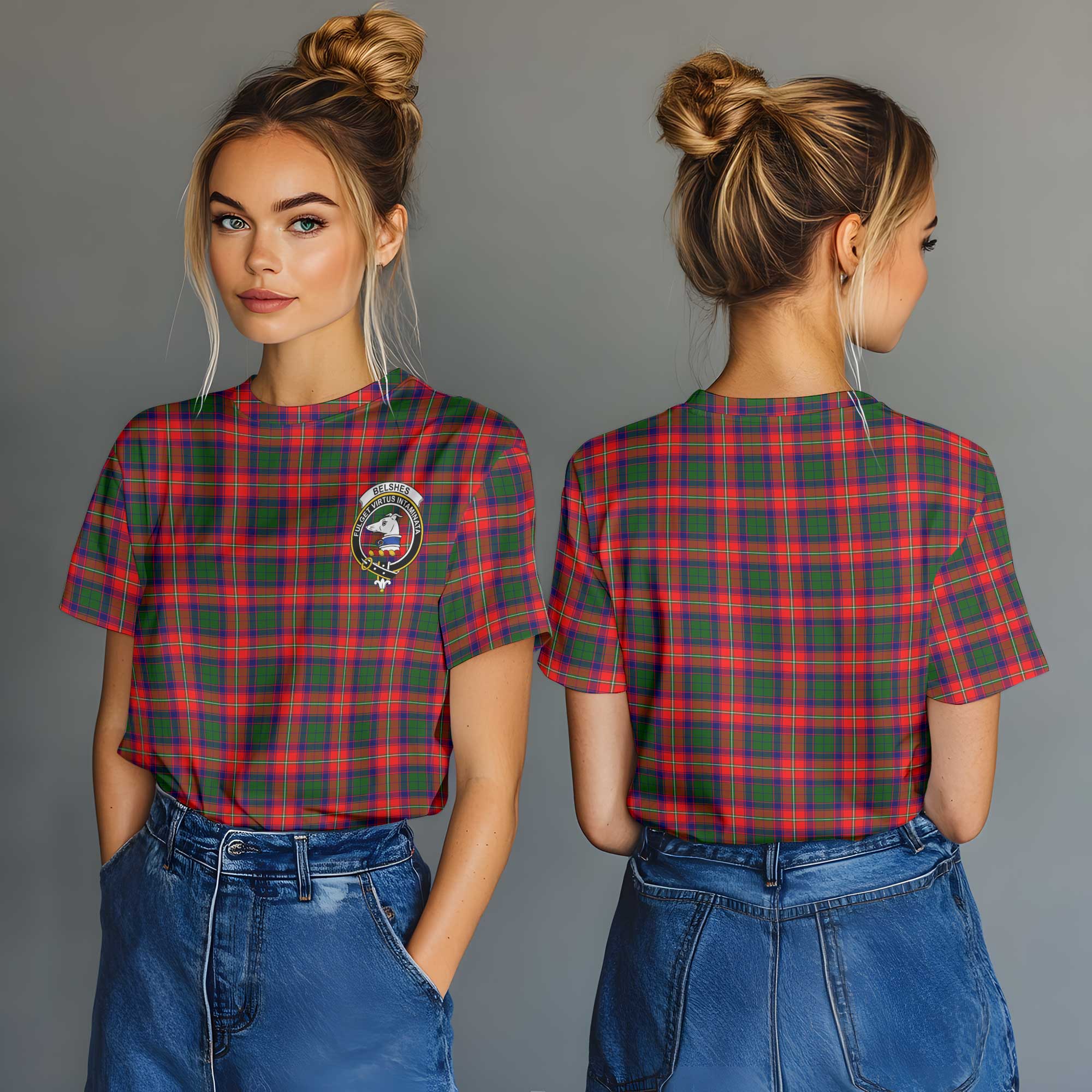 Clan Belshes Tartan Women T Shirt Crest And Plaid Basic Style