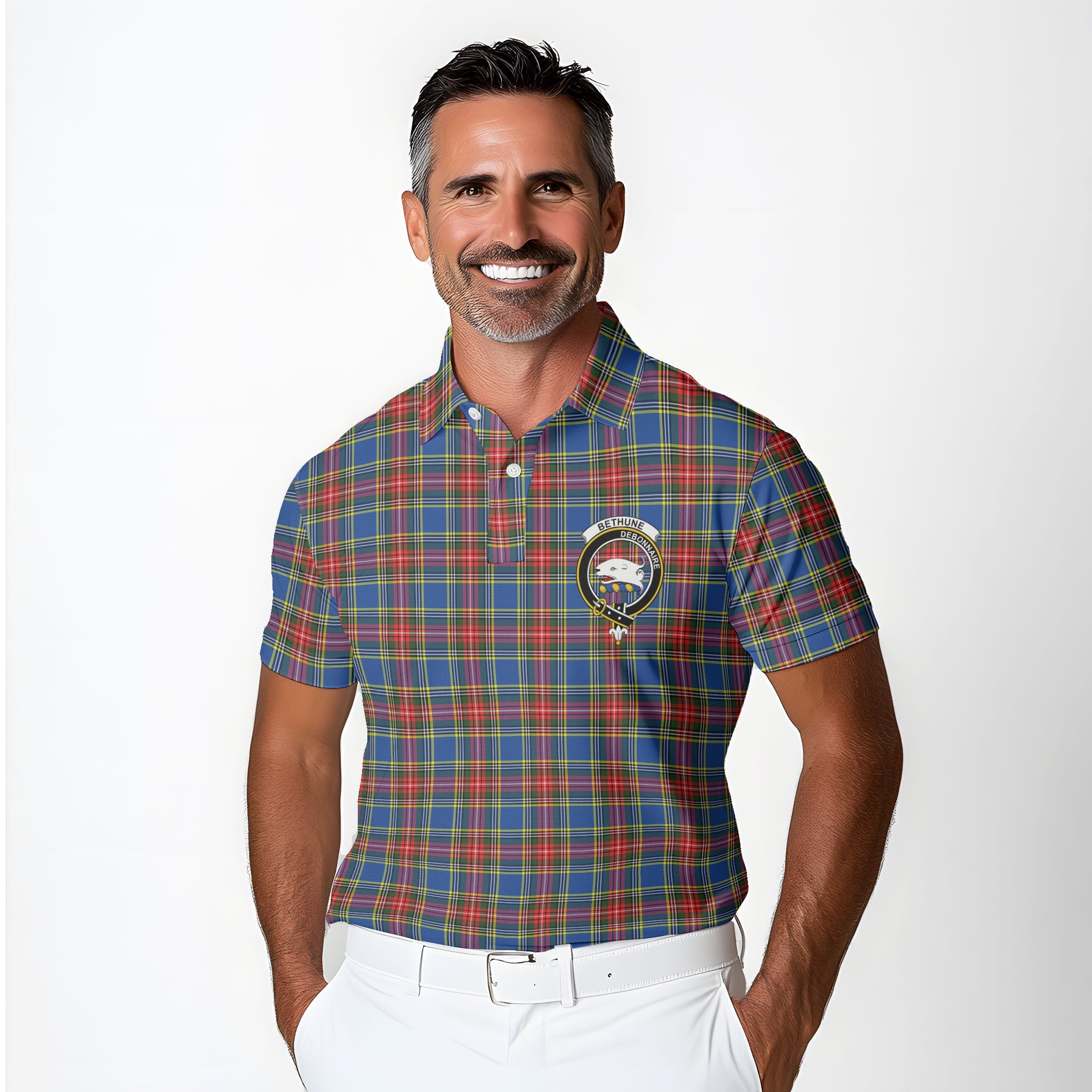 Clan Bethune Tartan Golf Men Polo Shirt Crest And Plaid Basic Style