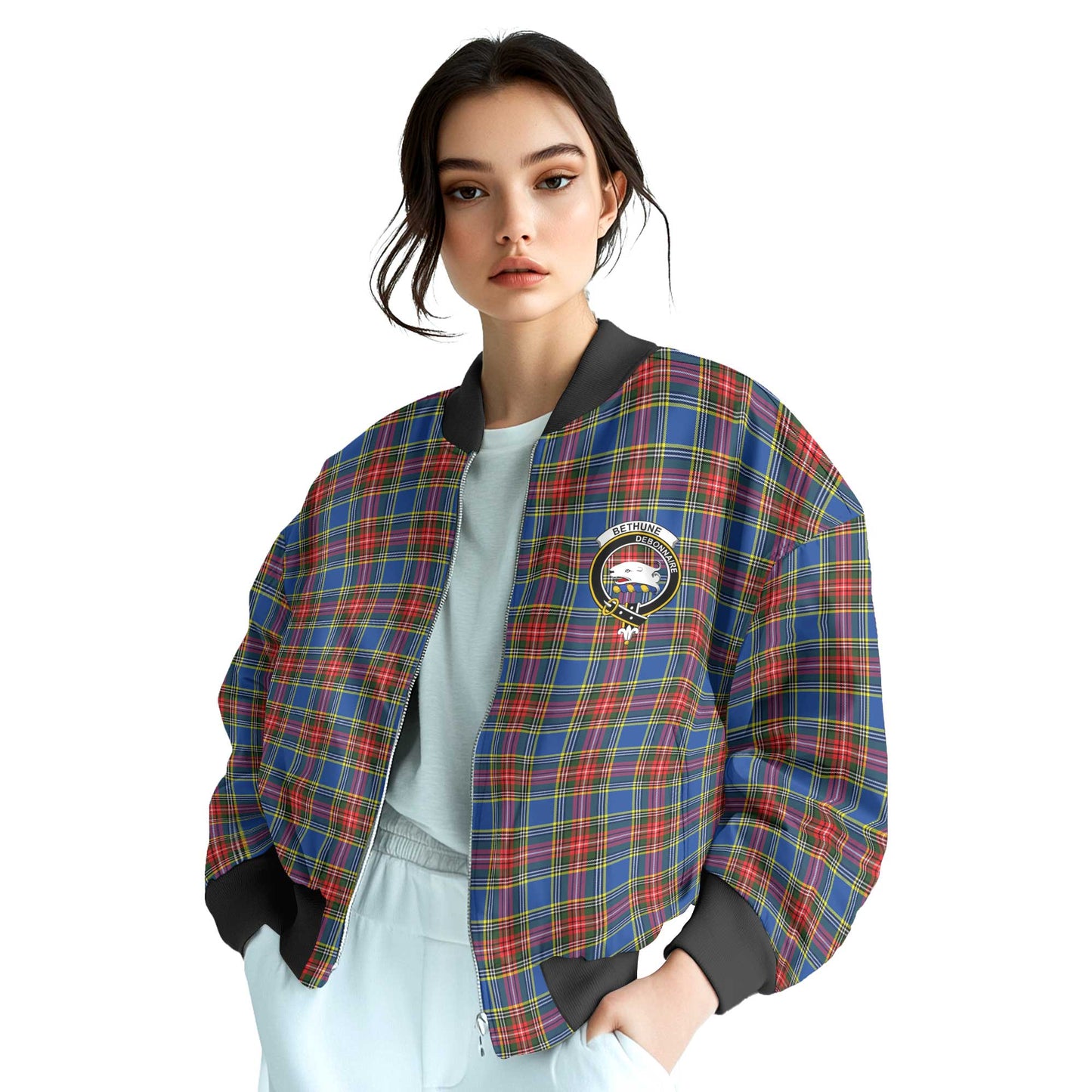 Clan Bethune Tartan Women Bomber Jacket Crest And Plaid Basic Style