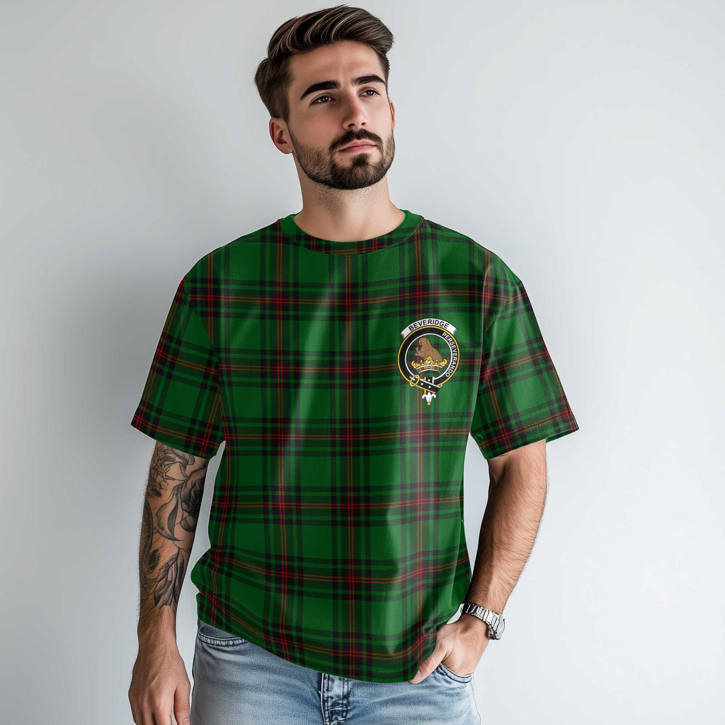 Clan Beveridge Tartan Men T Shirt Crest And Plaid Basic Style