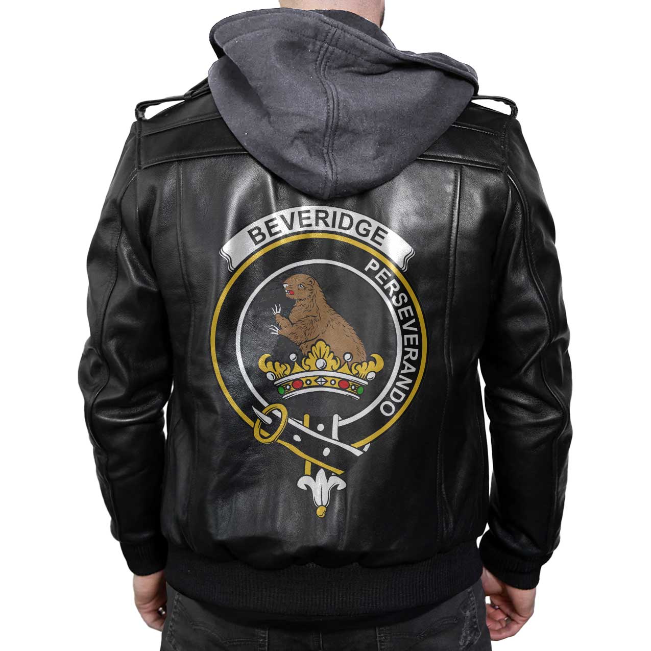 Clan Beveridge Tartan Zip Leather Jacket Crest And Plaid Basic Style