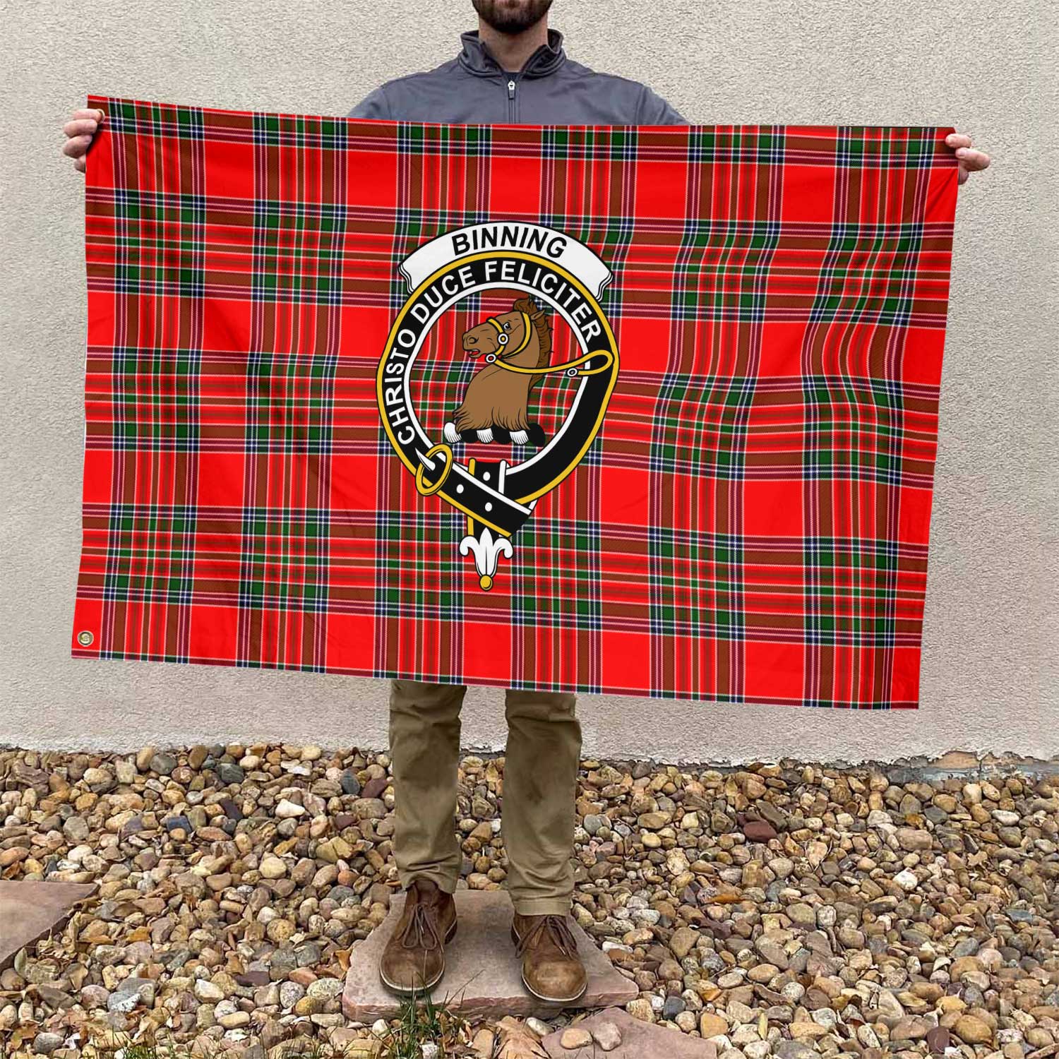 Clan Binning Of Wallifoord Tartan Flag Crest And Plaid Basic Style