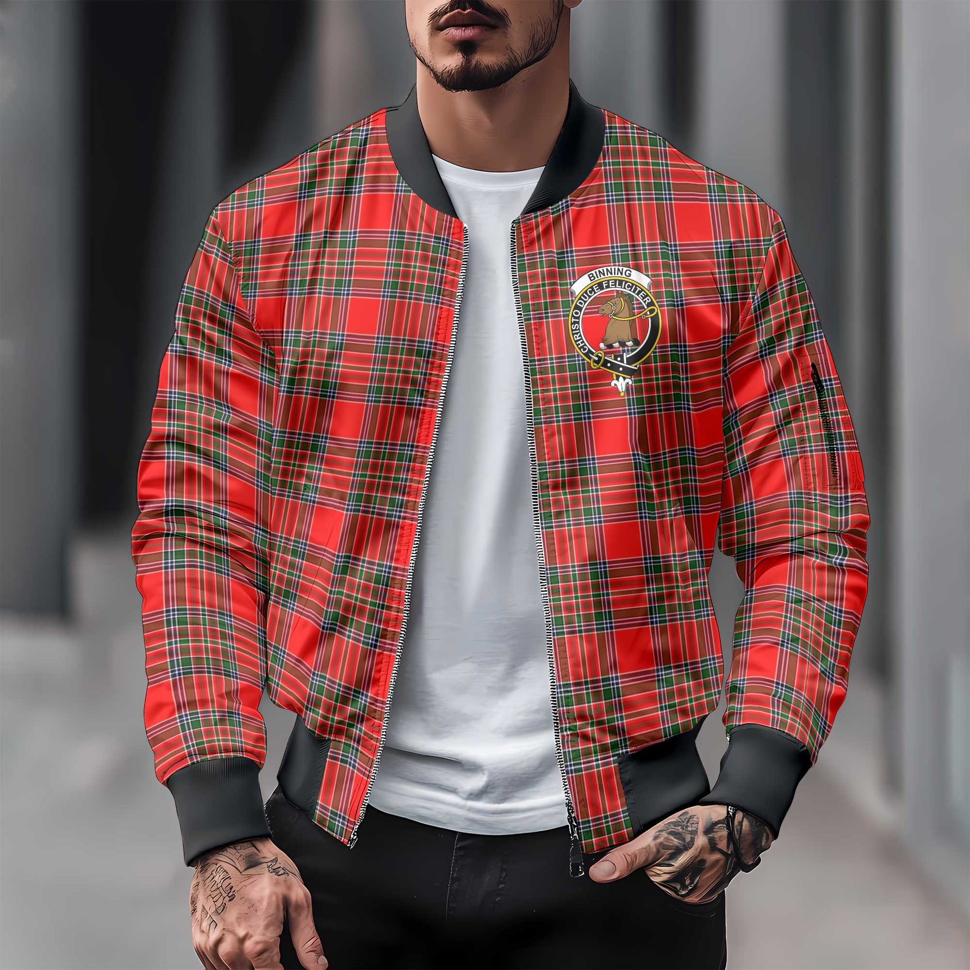 Clan Binning Of Wallifoord Tartan Men Bomber Jacket Crest And Plaid Basic Style