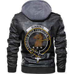 Clan Binning Of Wallifoord Tartan Zip Leather Jacket Crest And Plaid Basic Style