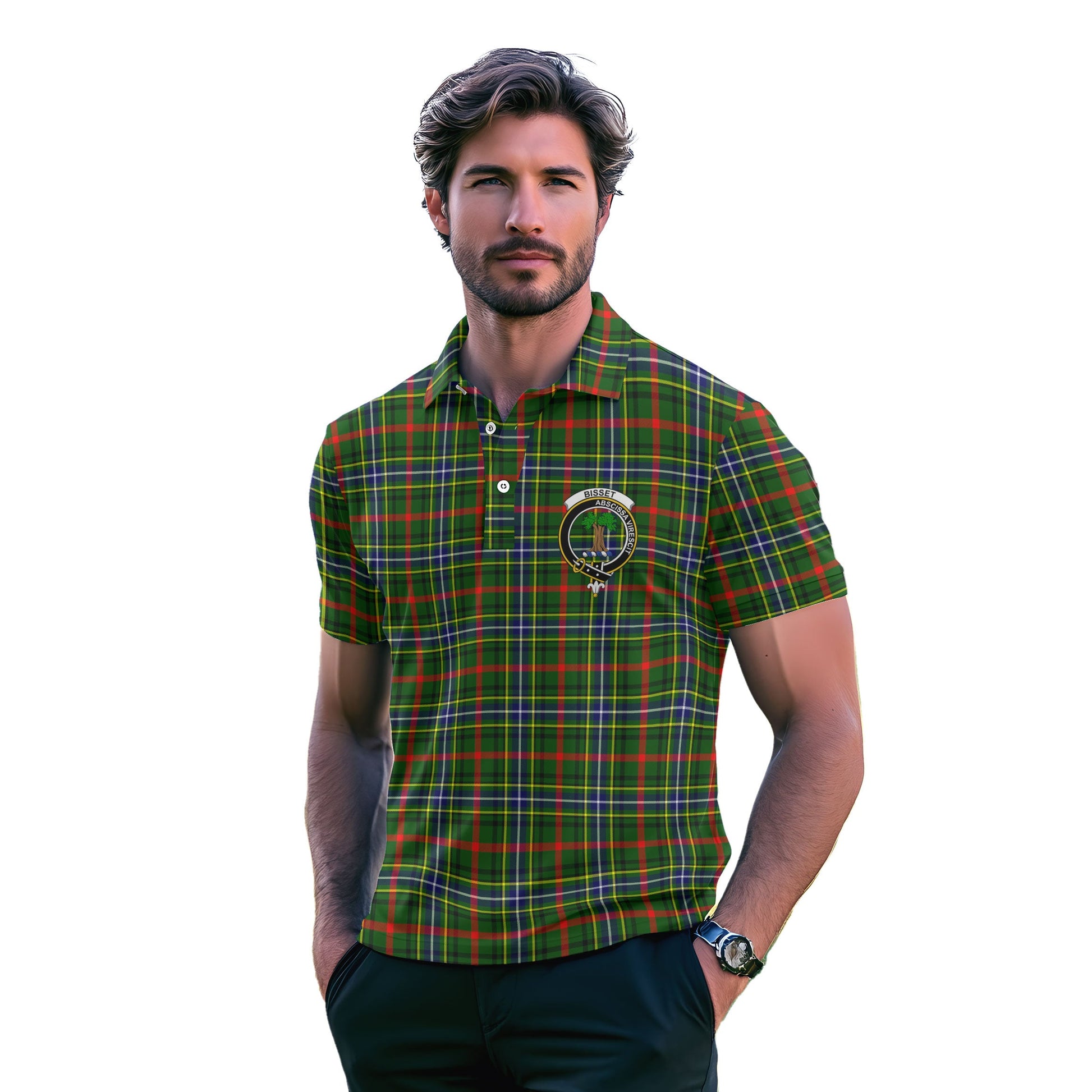 Clan Bisset Tartan Golf Men Polo Shirt Crest And Plaid Basic Style