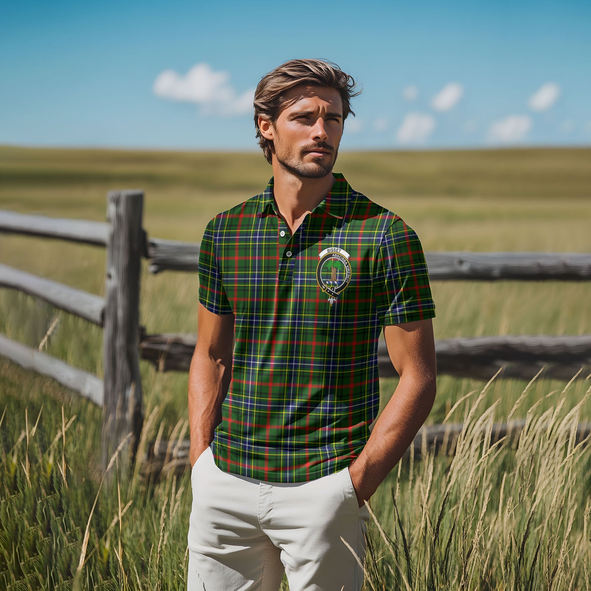 Clan Bisset Tartan Golf Men Polo Shirt Crest And Plaid Basic Style