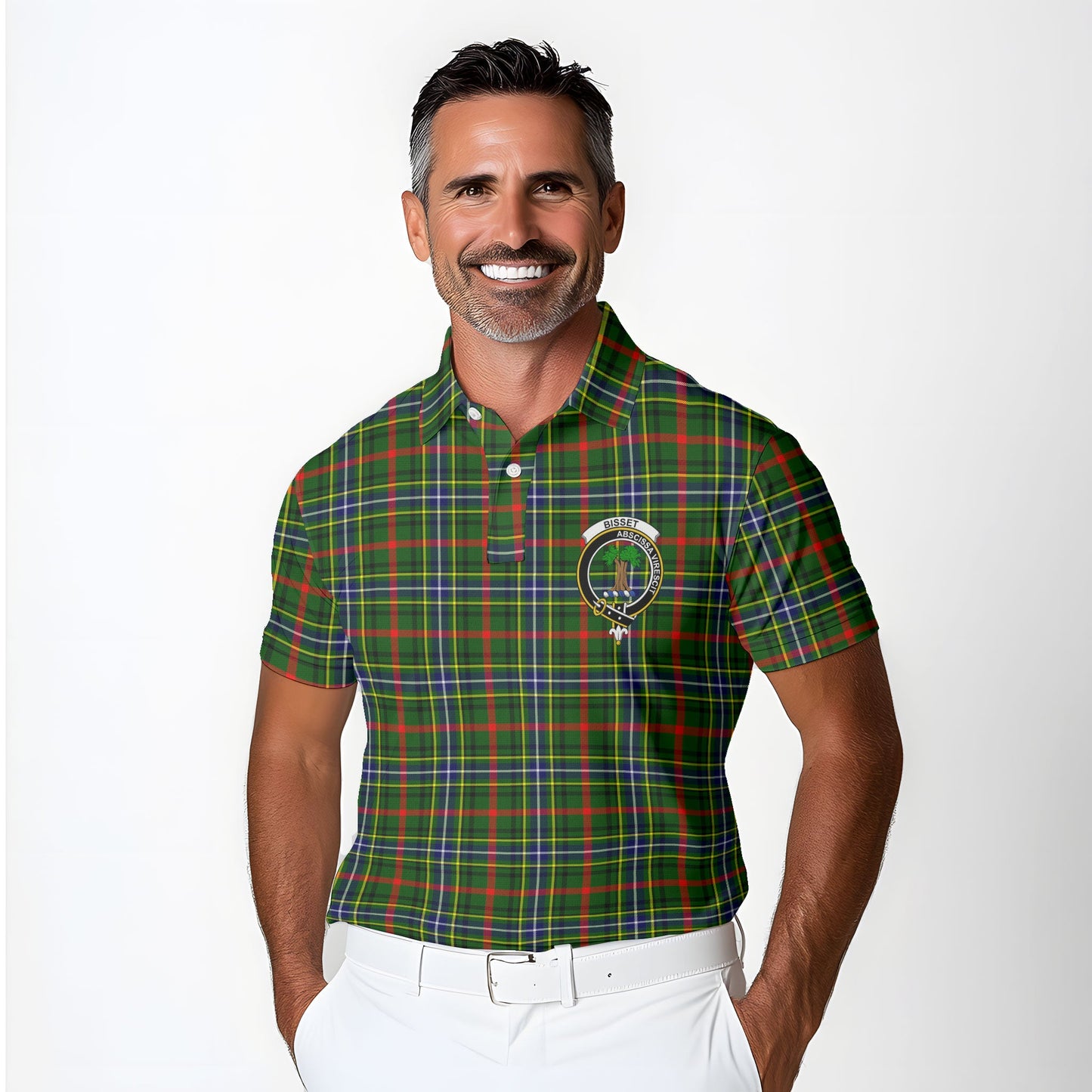 Clan Bisset Tartan Golf Men Polo Shirt Crest And Plaid Basic Style