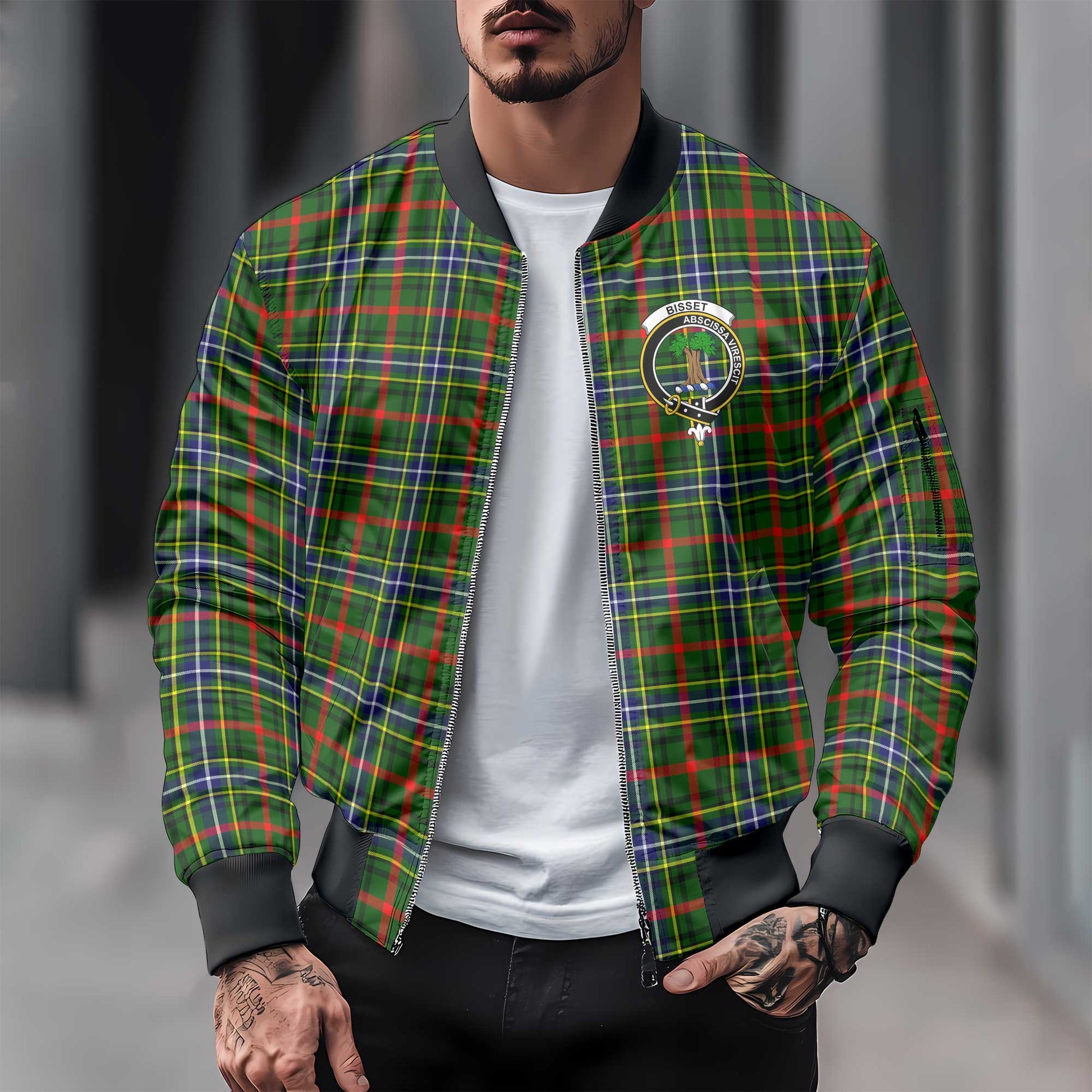 Clan Bisset Tartan Men Bomber Jacket Crest And Plaid Basic Style