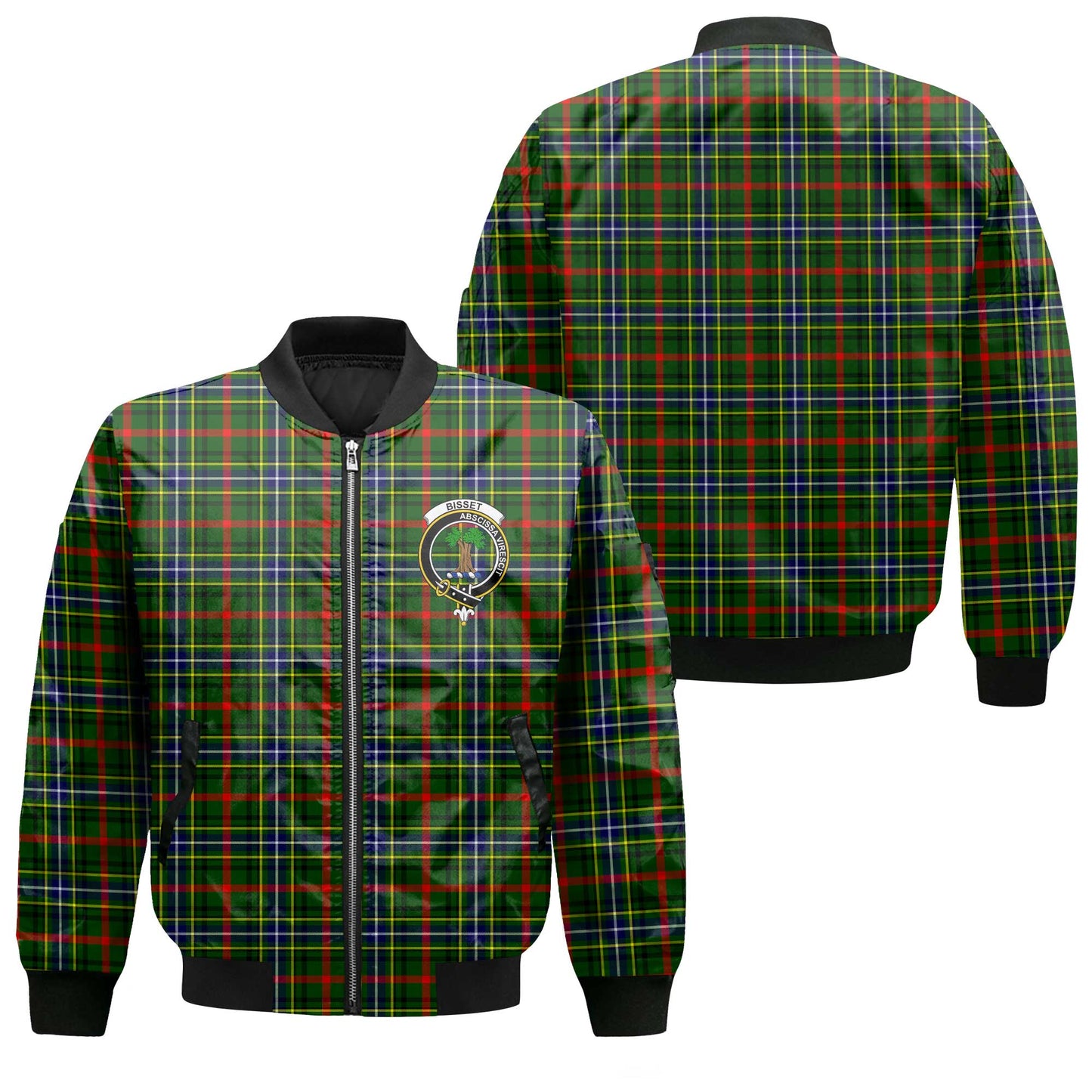 Clan Bisset Tartan Men Bomber Jacket Crest And Plaid Basic Style