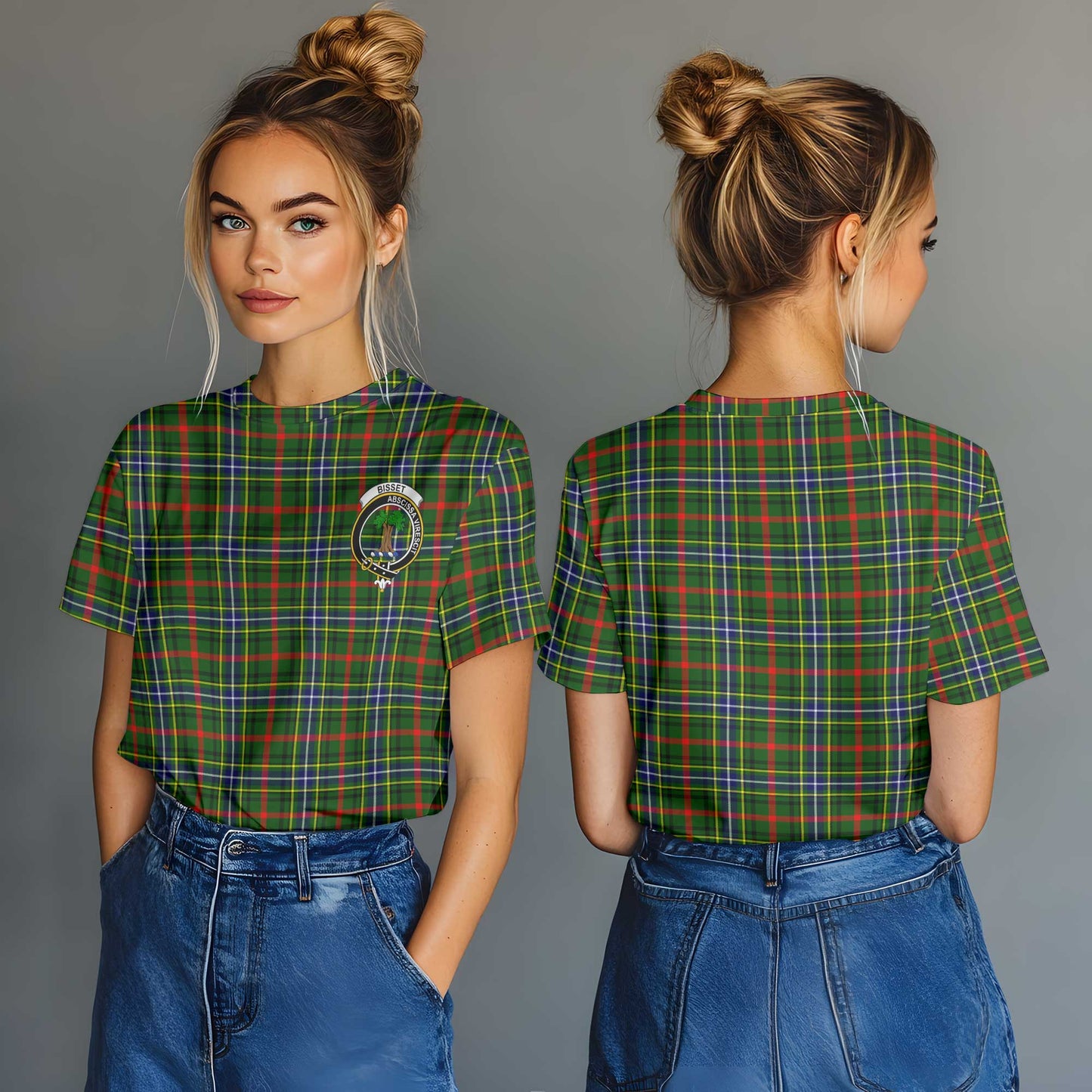 Clan Bisset Tartan Women T Shirt Crest And Plaid Basic Style