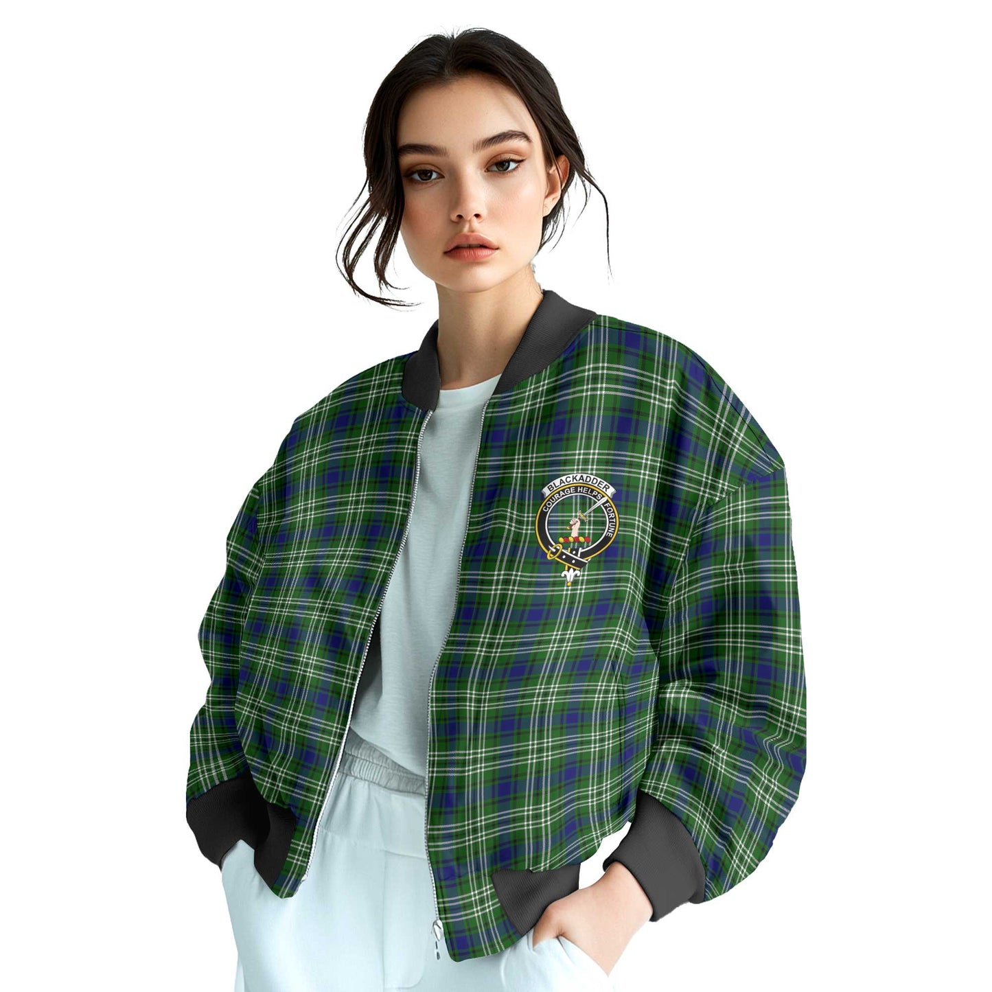 Clan Blackadder Tartan Women Bomber Jacket Crest And Plaid Basic Style