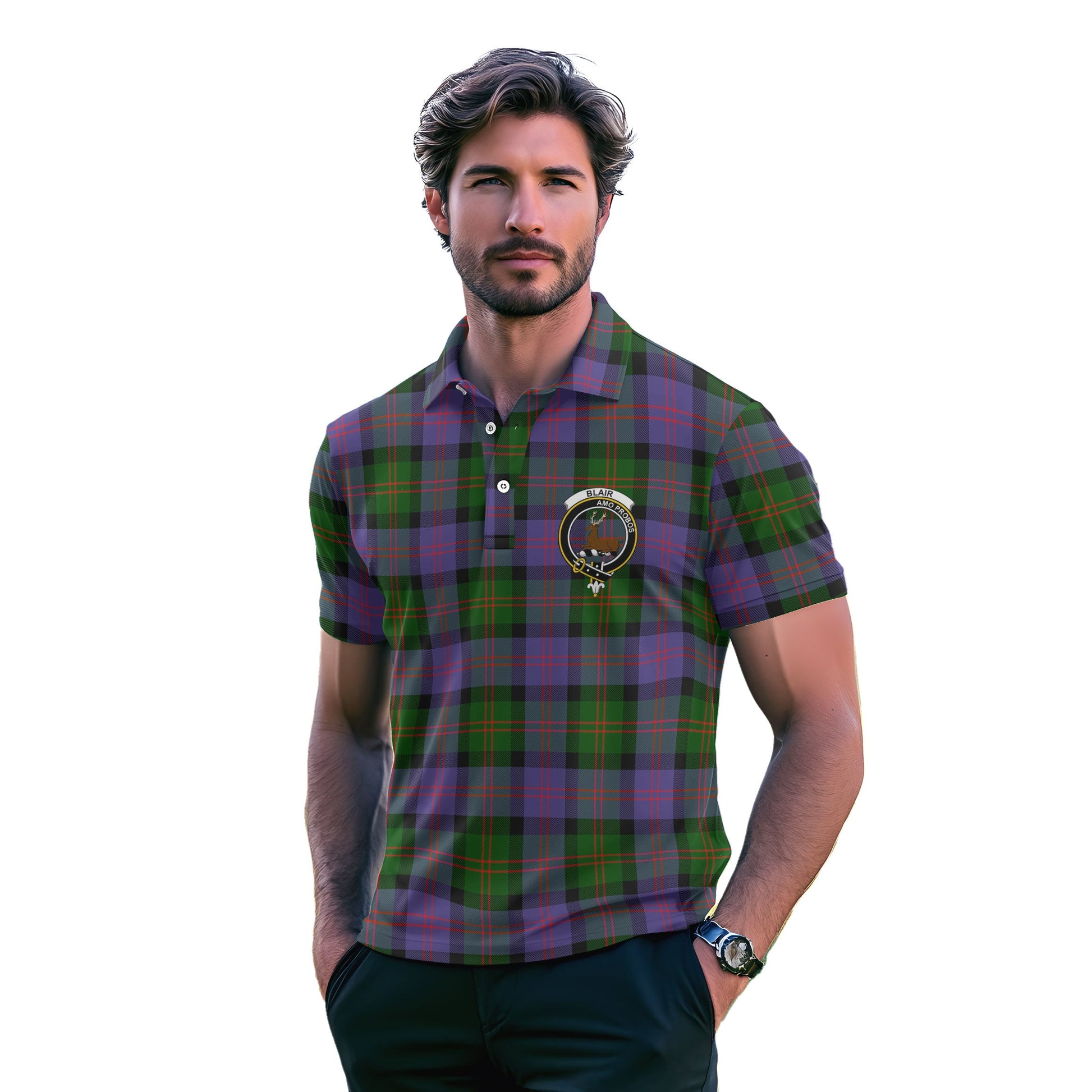 Clan Blair Tartan Golf Men Polo Shirt Crest And Plaid Basic Style