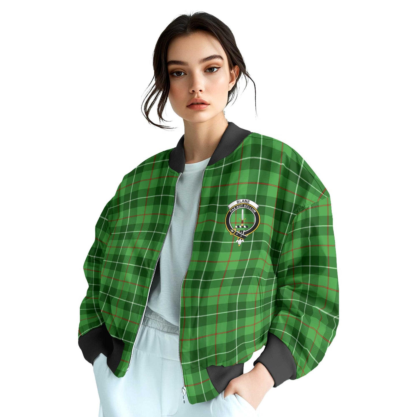 Clan Blane Tartan Women Bomber Jacket Crest And Plaid Basic Style