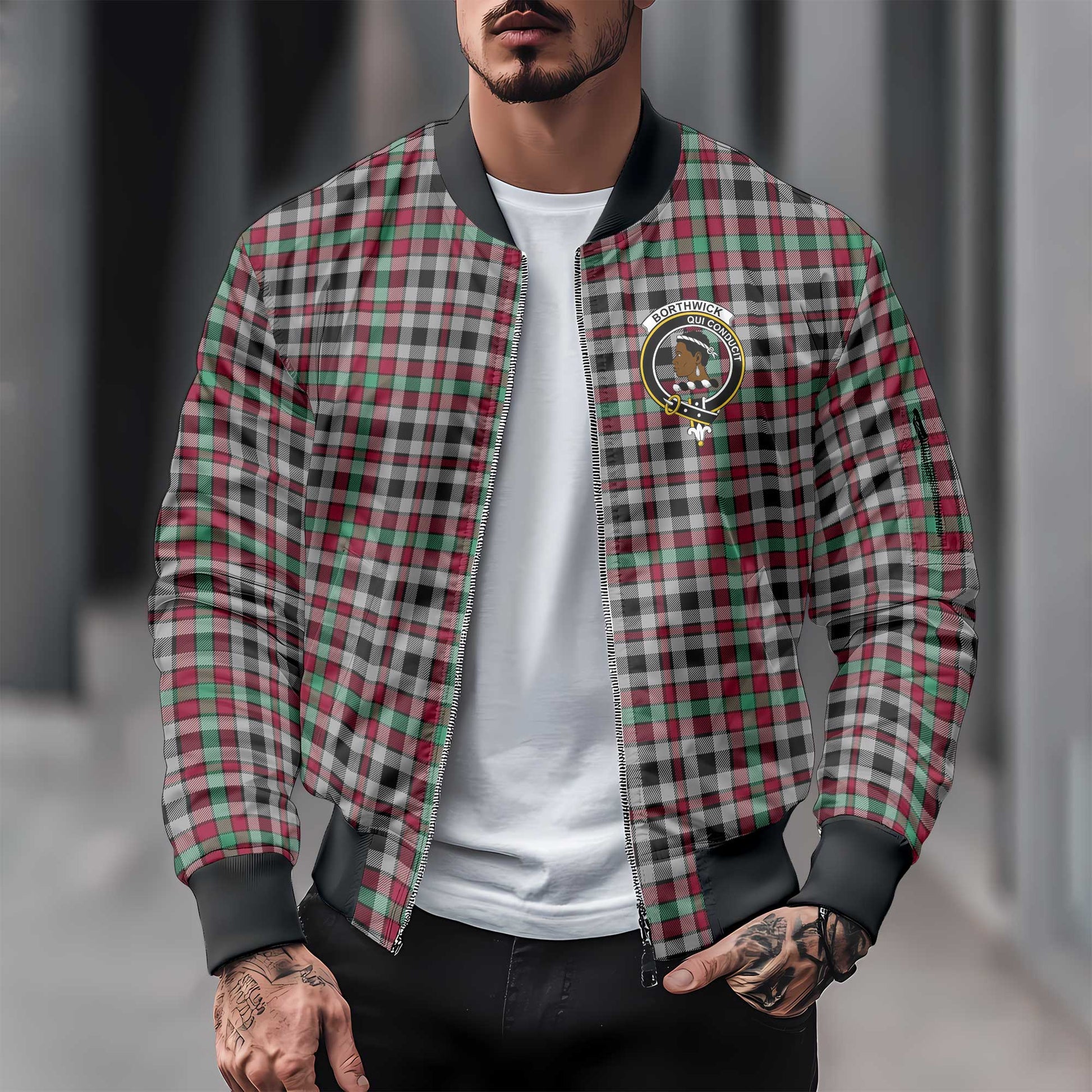 Clan Borthwick Tartan Men Bomber Jacket Crest And Plaid Basic Style