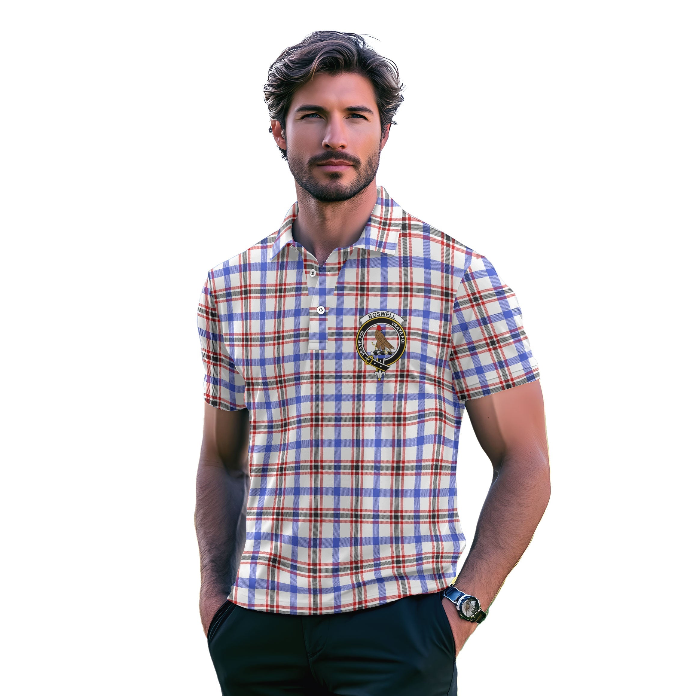 Clan Boswell Tartan Golf Men Polo Shirt Crest And Plaid Basic Style