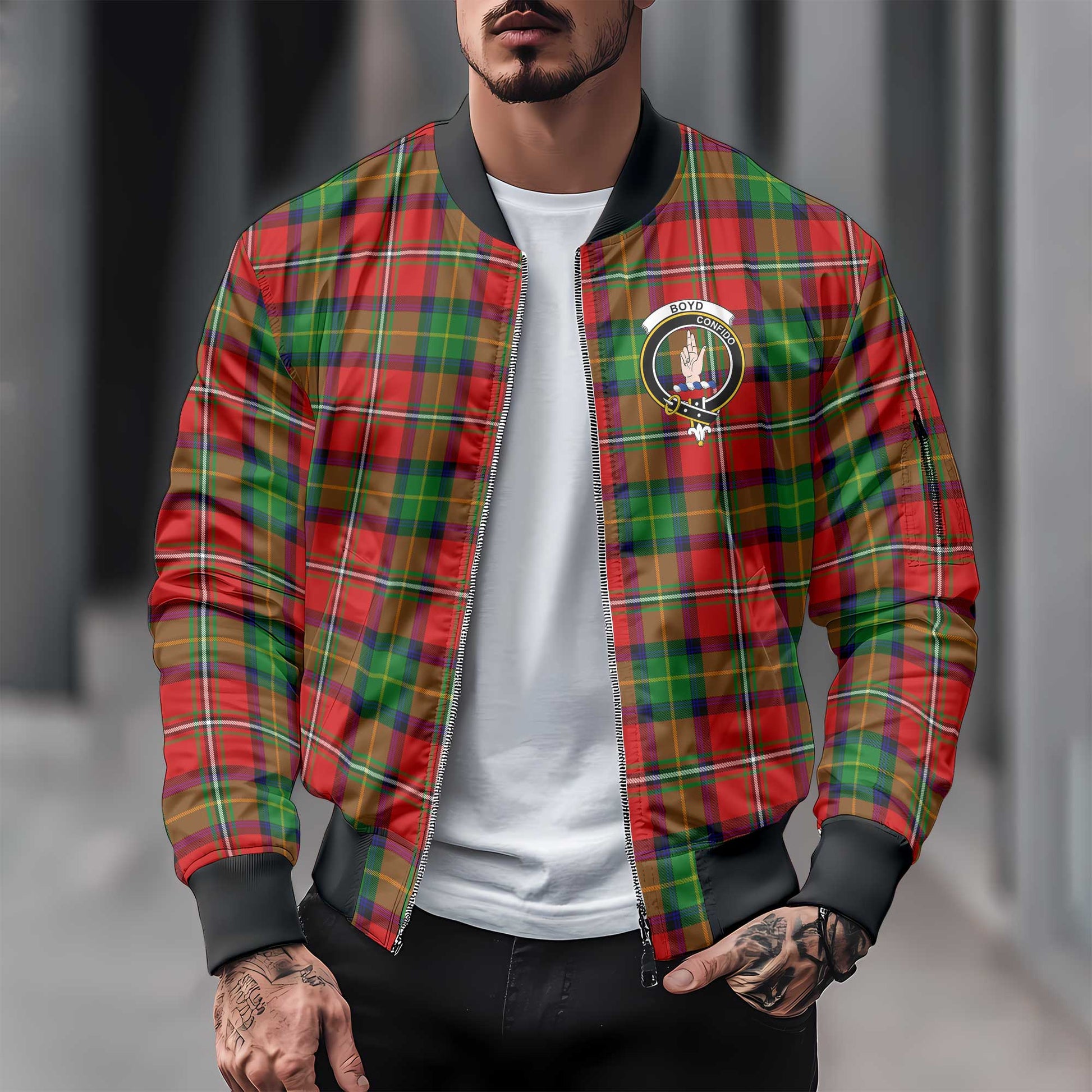 Clan Boyd Tartan Men Bomber Jacket Crest And Plaid Basic Style