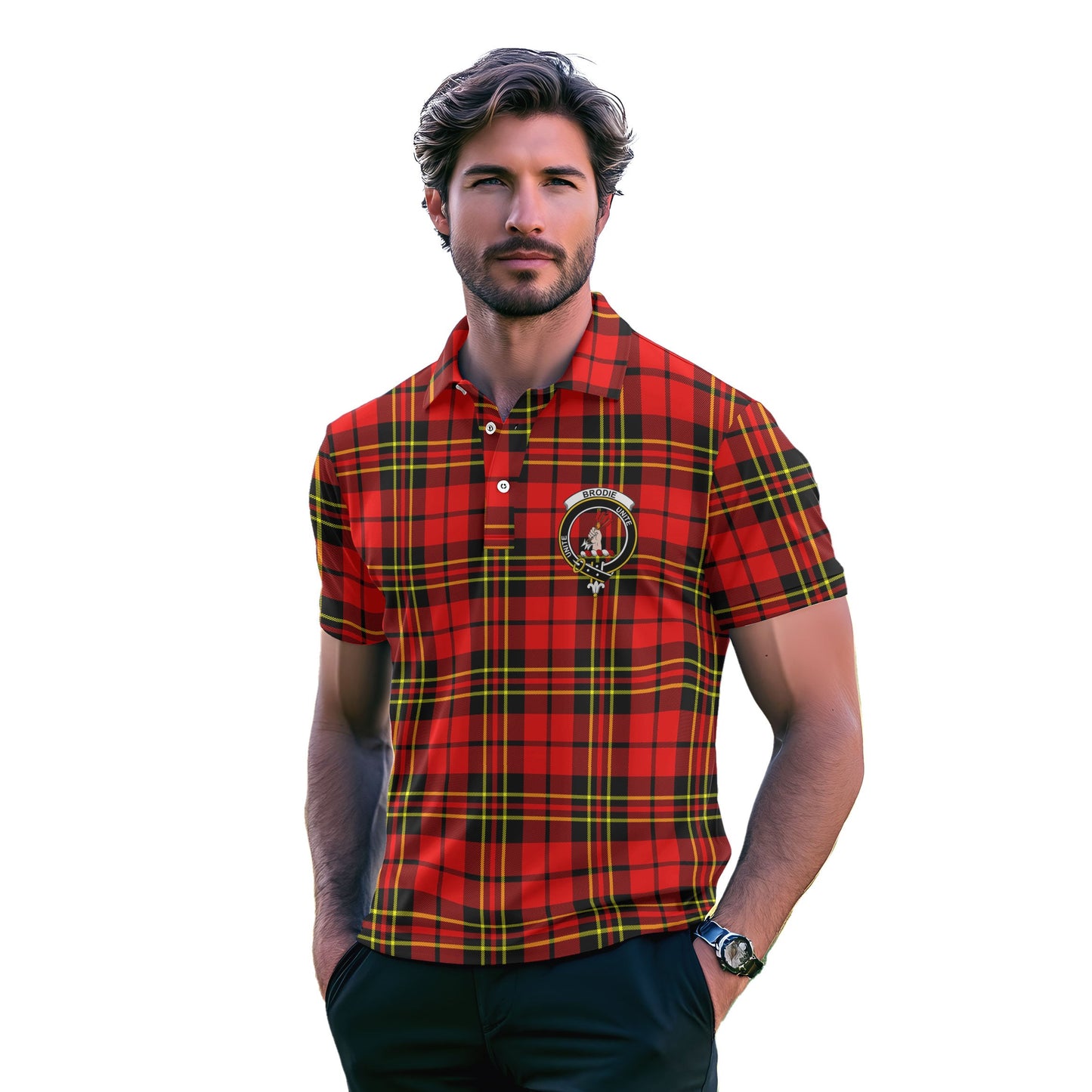 Clan Brodie Tartan Golf Men Polo Shirt Crest And Plaid Basic Style