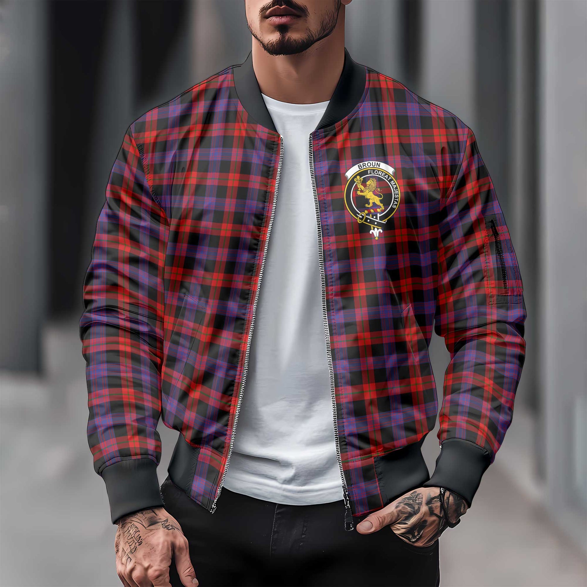 Clan Broun Tartan Men Bomber Jacket Crest And Plaid Basic Style