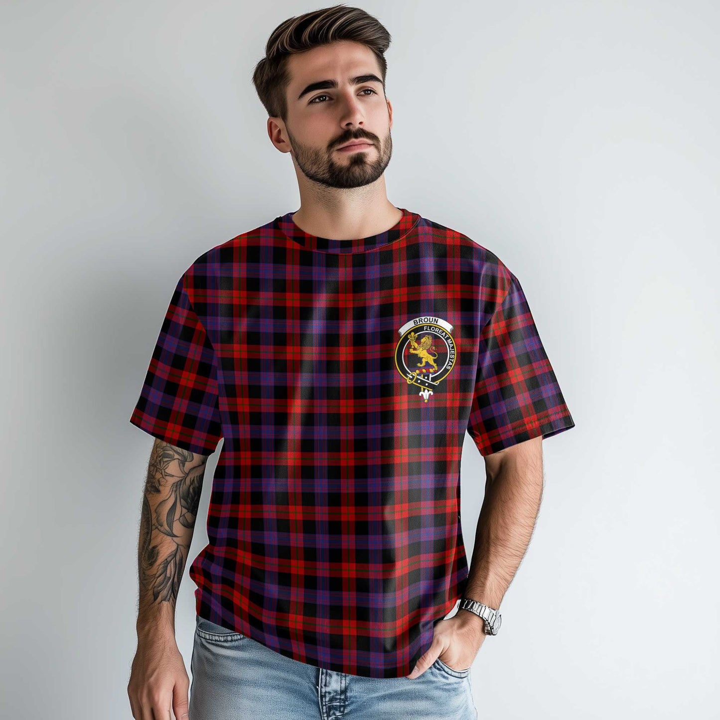 Clan Broun Tartan Men T Shirt Crest And Plaid Basic Style