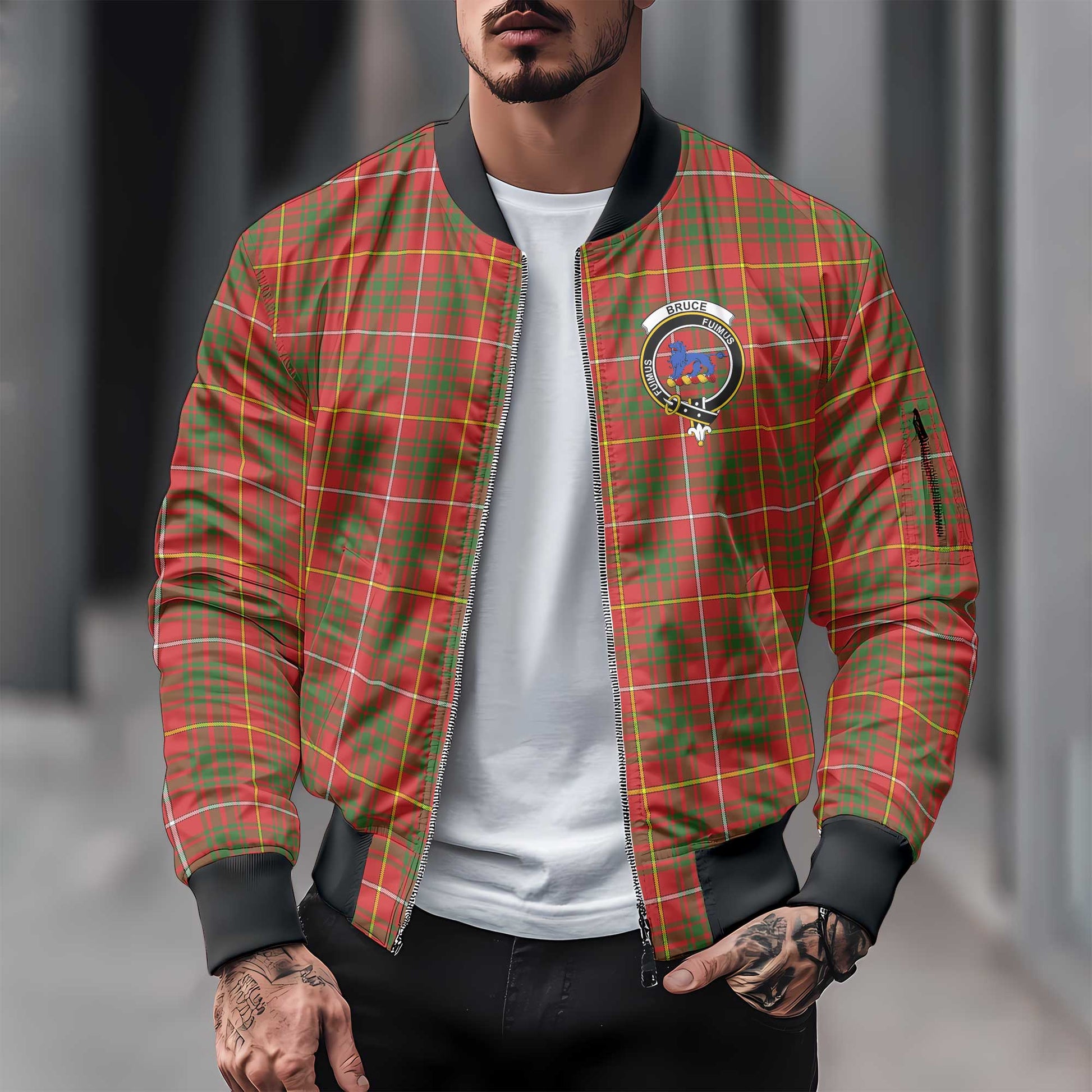 Clan Bruce Tartan Men Bomber Jacket Crest And Plaid Basic Style