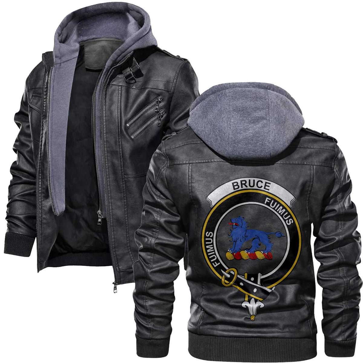 Clan Bruce Tartan Zip Leather Jacket Crest And Plaid Basic Style
