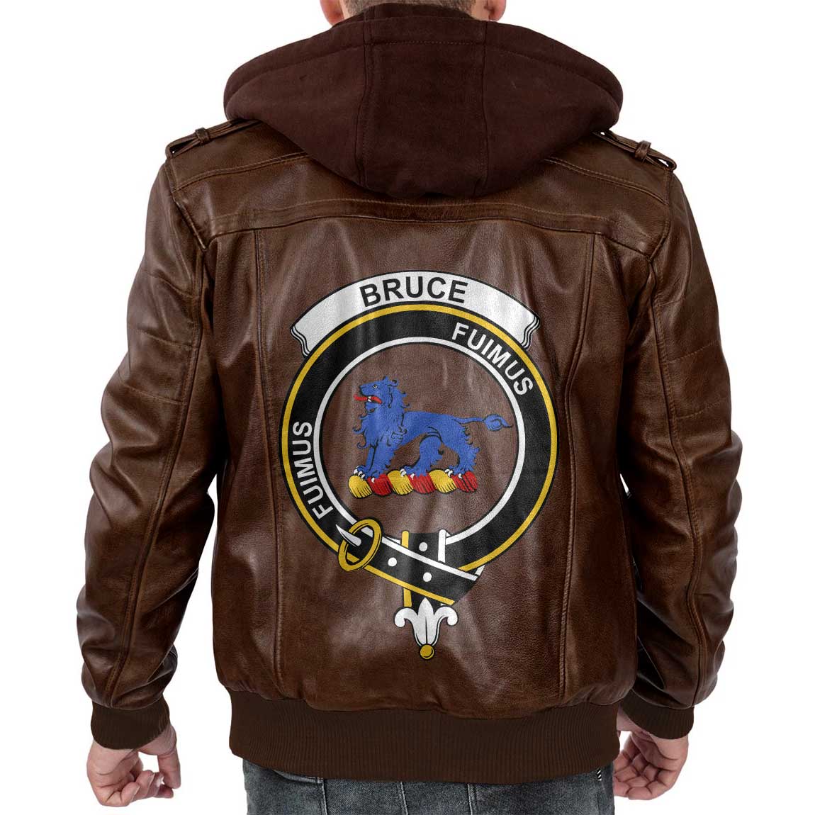 Clan Bruce Tartan Zip Leather Jacket Crest And Plaid Basic Style
