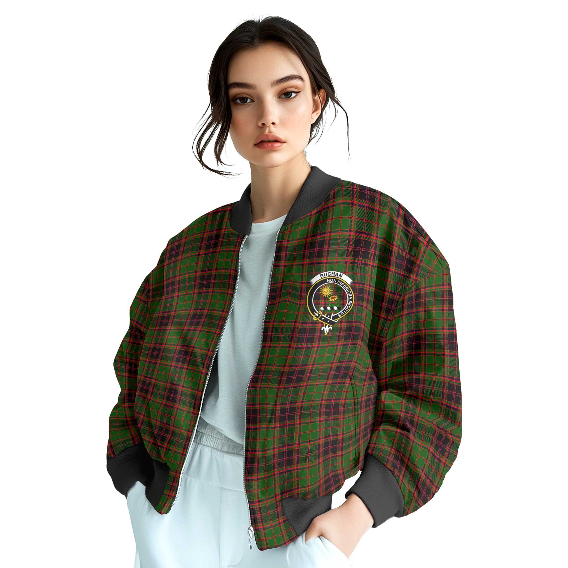 Clan Buchan Tartan Women Bomber Jacket Crest And Plaid Basic Style