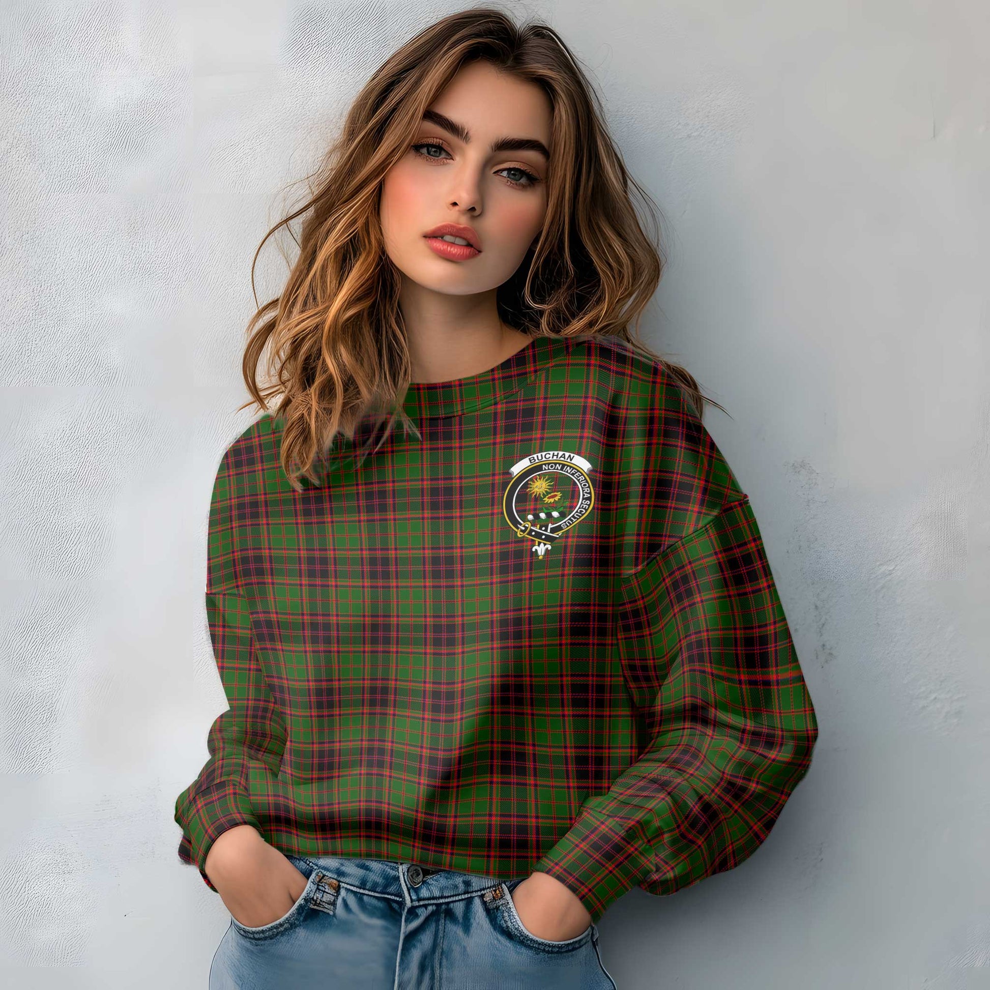 Clan Buchan Tartan Women Sweatshirt Crest And Plaid Basic Style