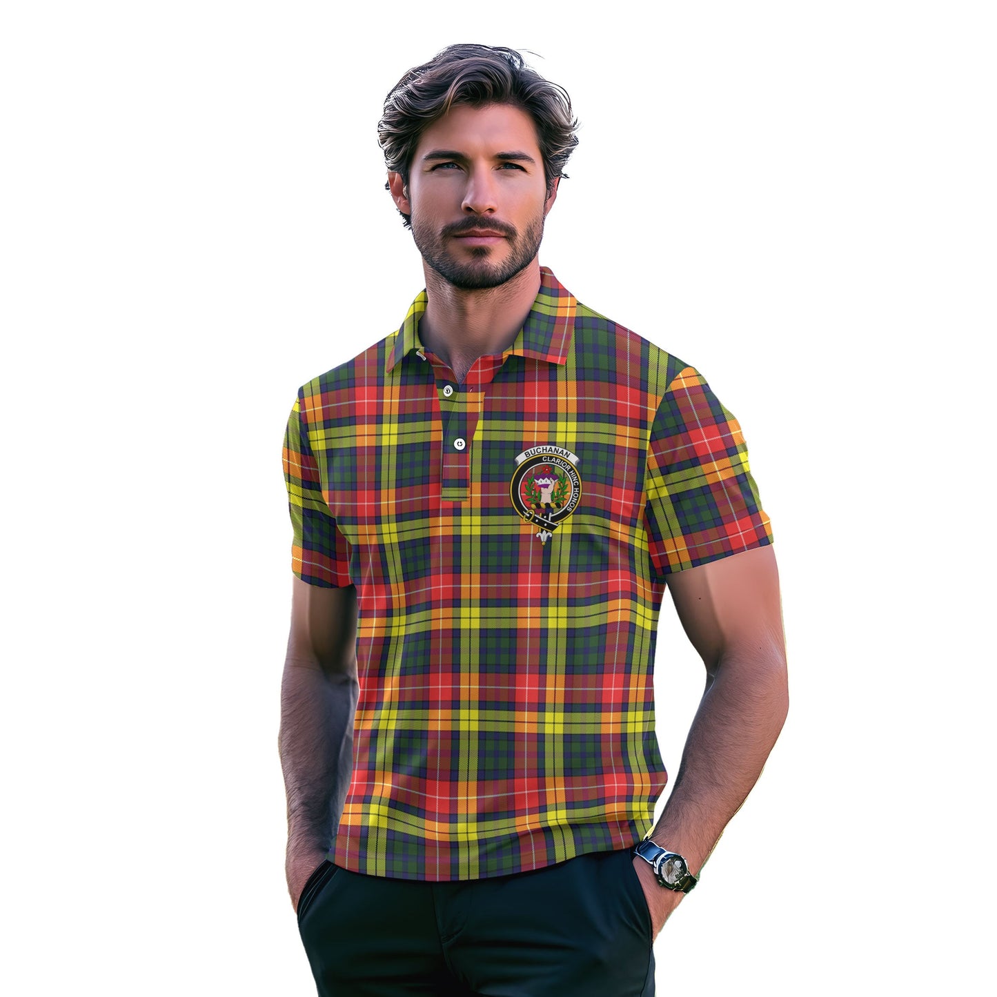 Clan Buchanan Tartan Golf Men Polo Shirt Crest And Plaid Basic Style