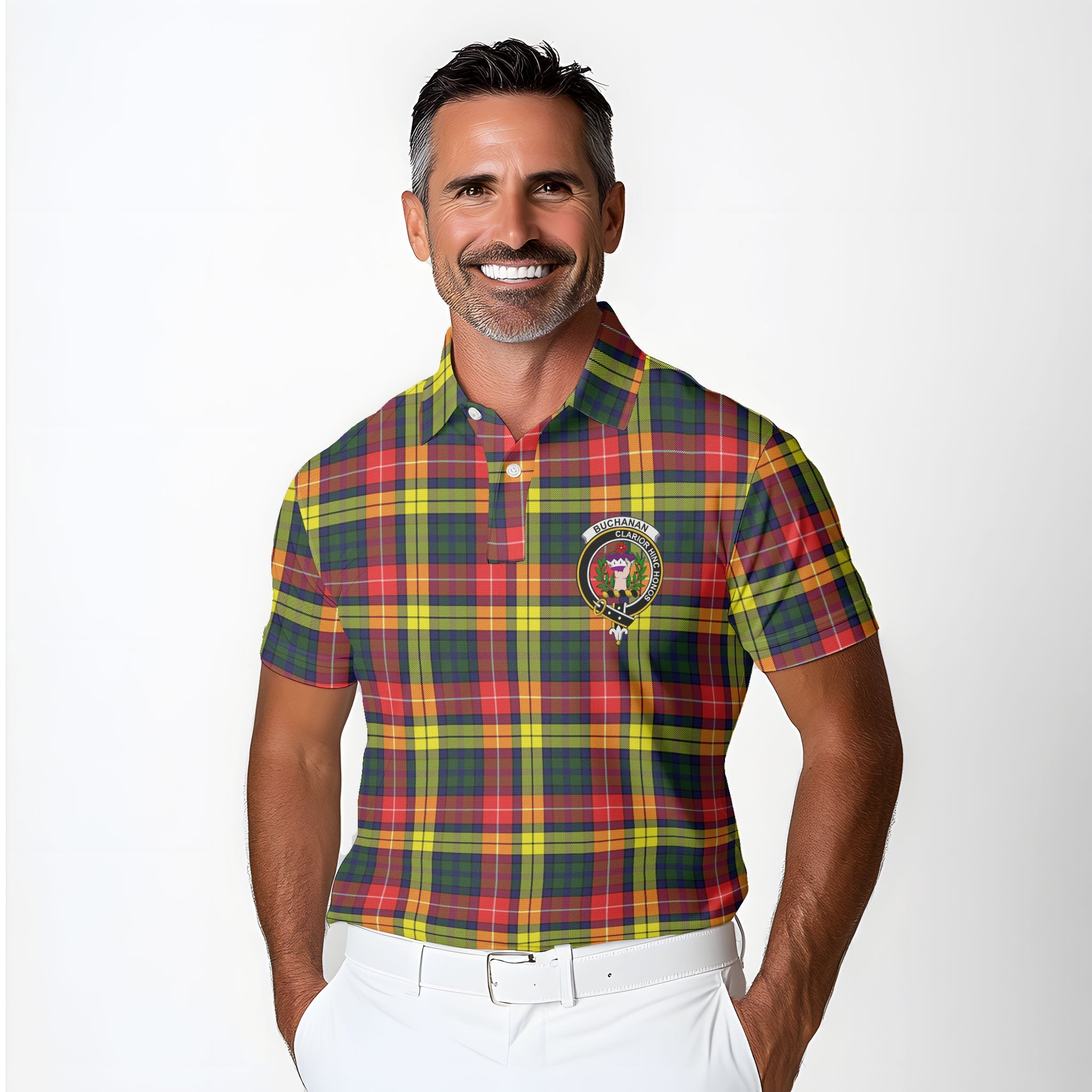 Clan Buchanan Tartan Golf Men Polo Shirt Crest And Plaid Basic Style