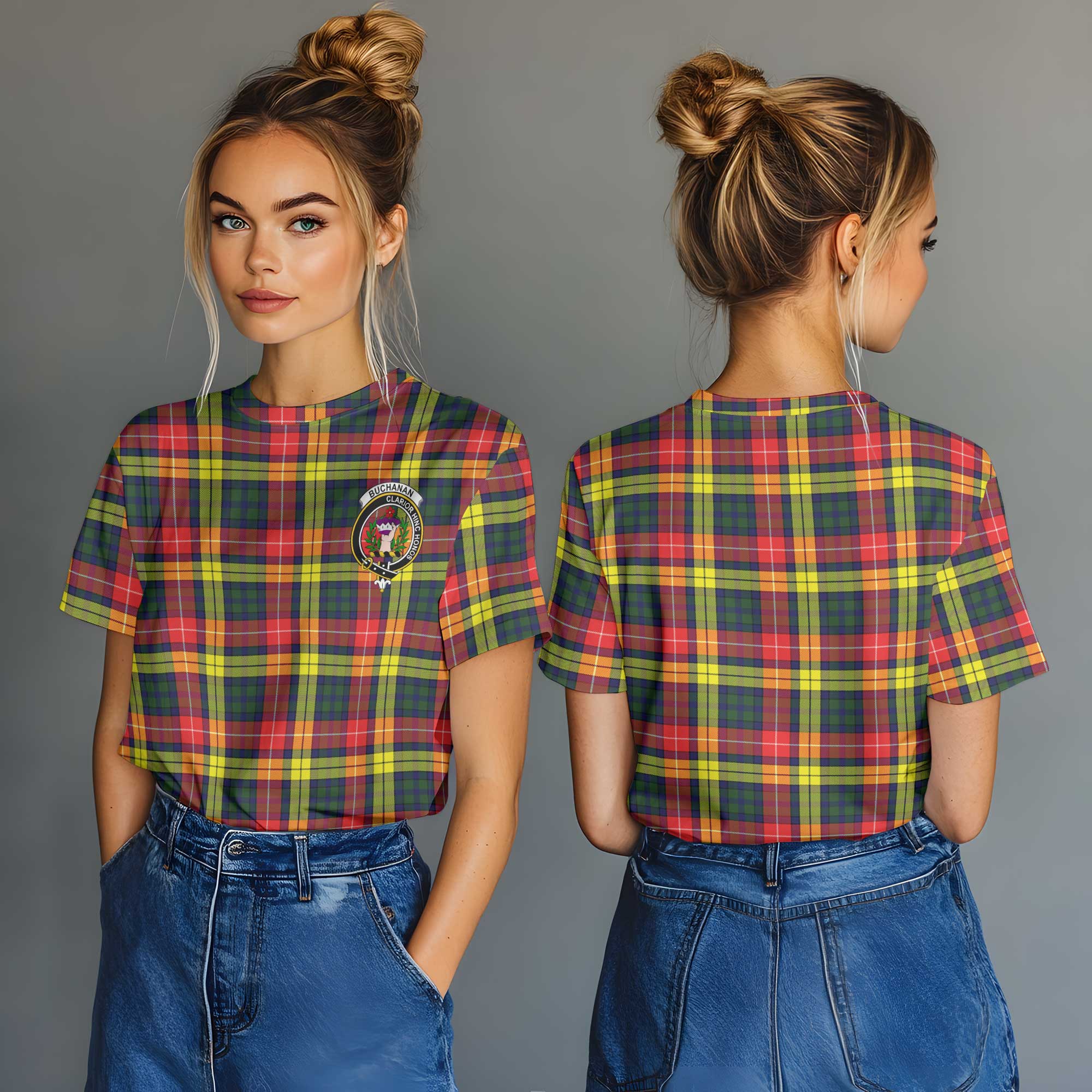 Clan Buchanan Tartan Women T Shirt Crest And Plaid Basic Style