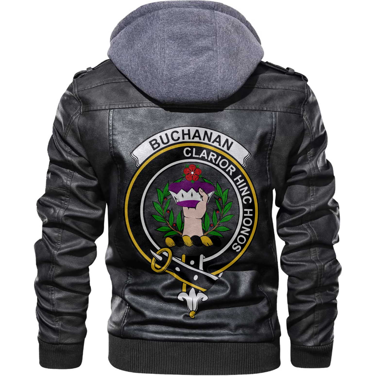 Clan Buchanan Tartan Zip Leather Jacket Crest And Plaid Basic Style