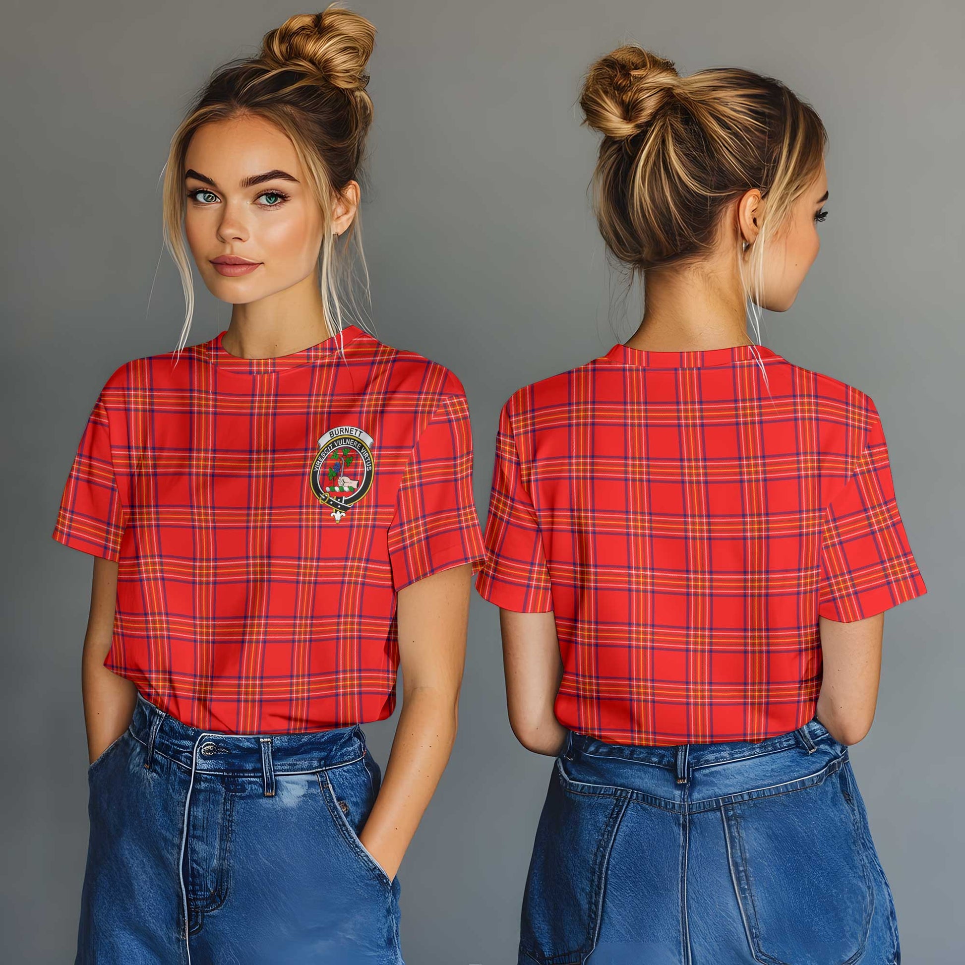 Clan Burnett Tartan Women T Shirt Crest And Plaid Basic Style