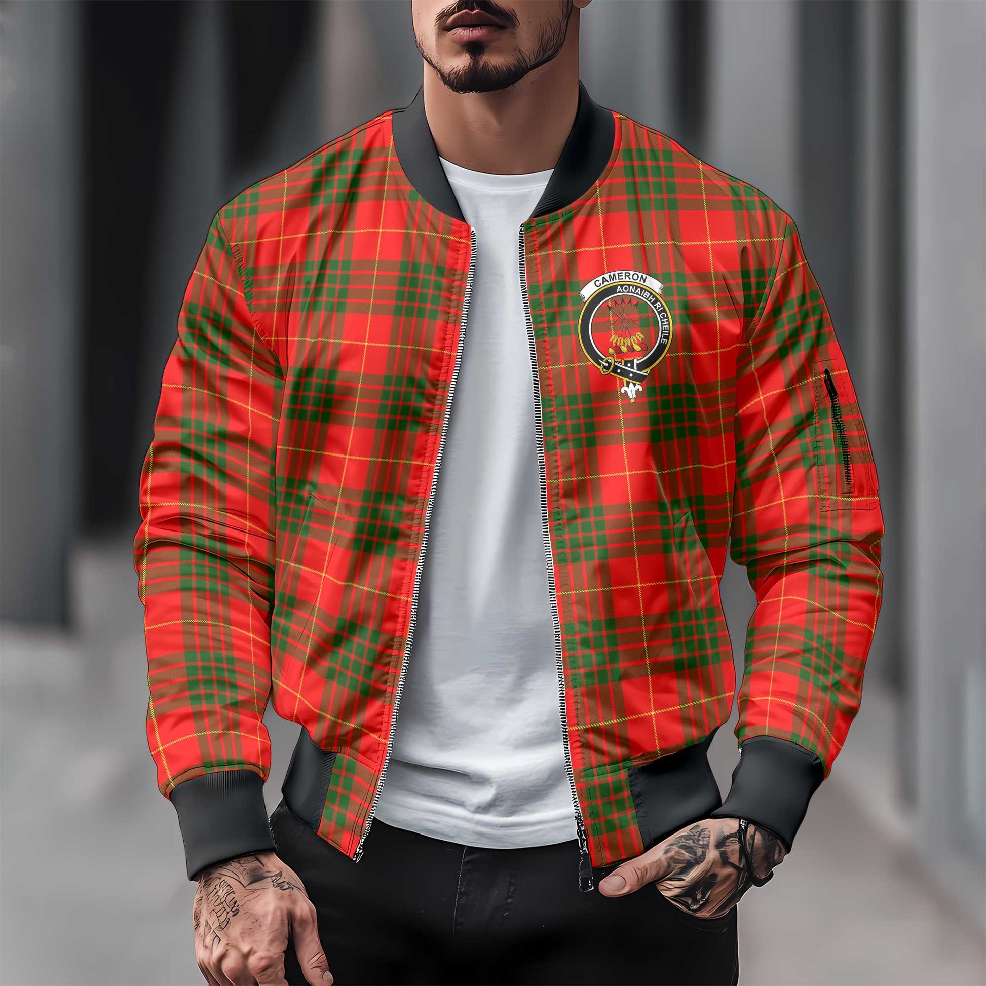 Clan Cameron Tartan Men Bomber Jacket Crest And Plaid Basic Style