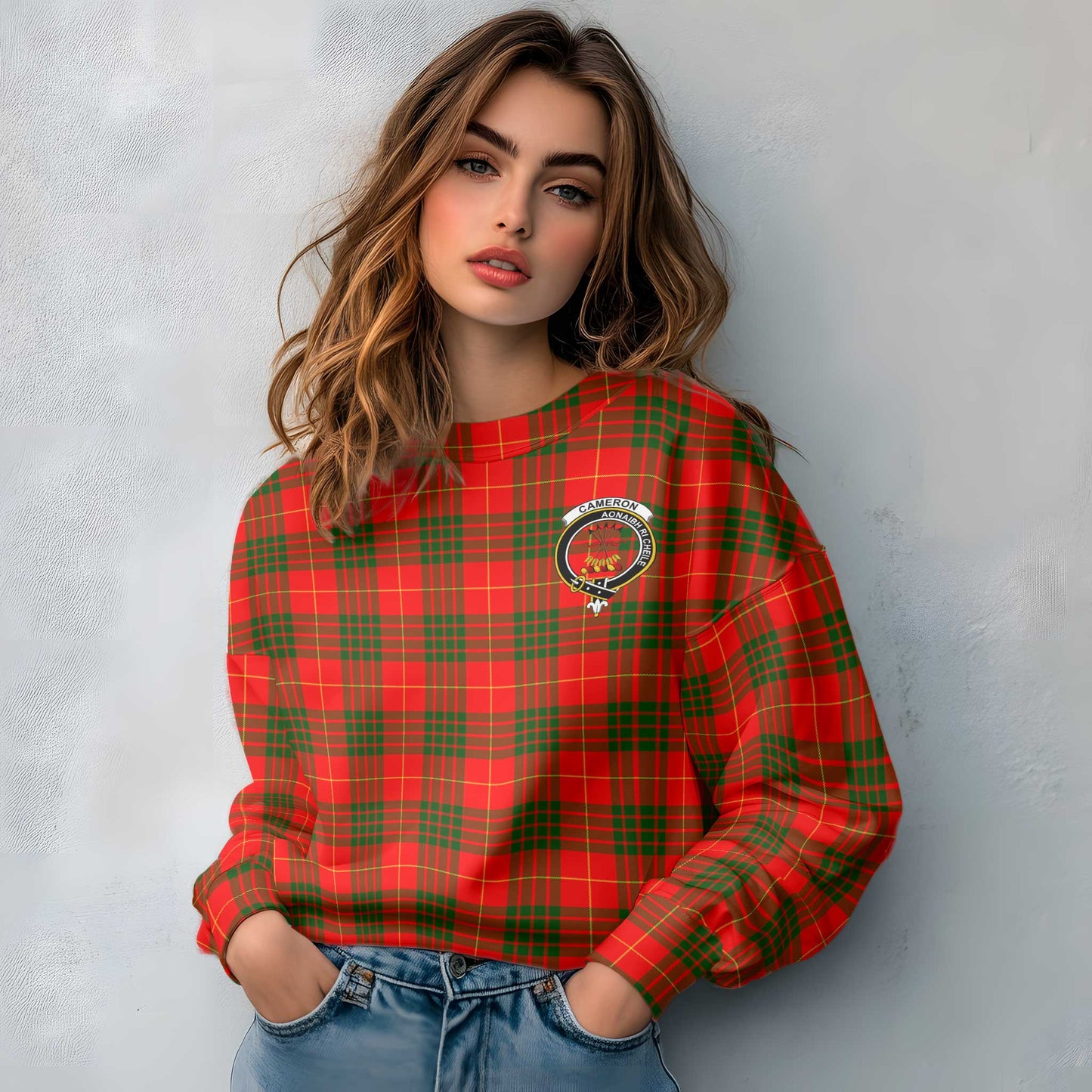 Clan Cameron Tartan Women Sweatshirt Crest And Plaid Basic Style