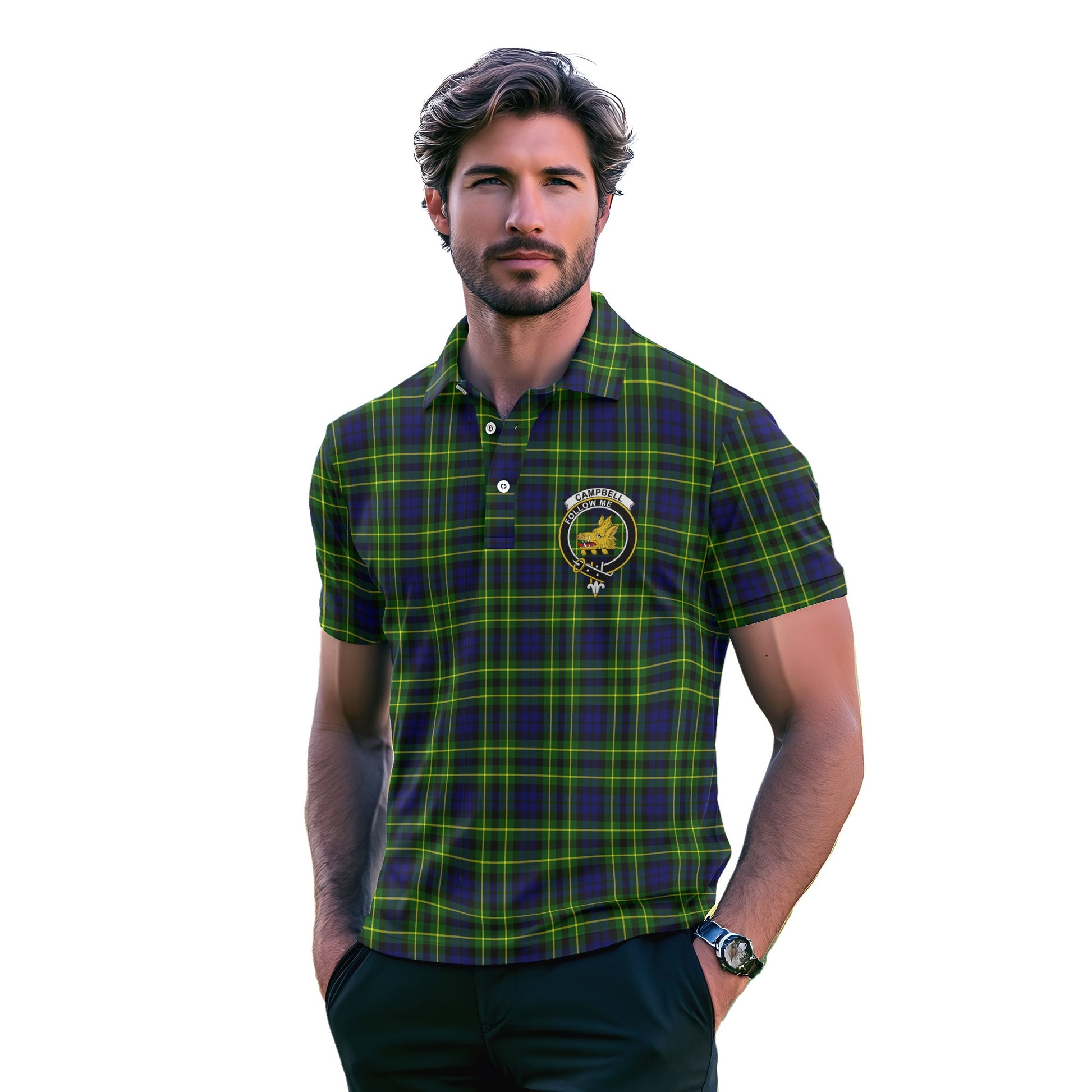 Clan Campbell Of Breadalbane Tartan Golf Men Polo Shirt Crest And Plaid Basic Style