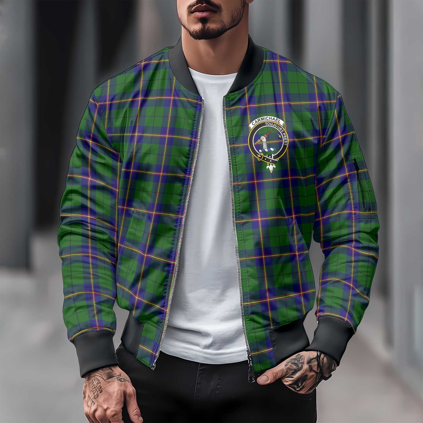 Clan Carmichael Tartan Men Bomber Jacket Crest And Plaid Basic Style