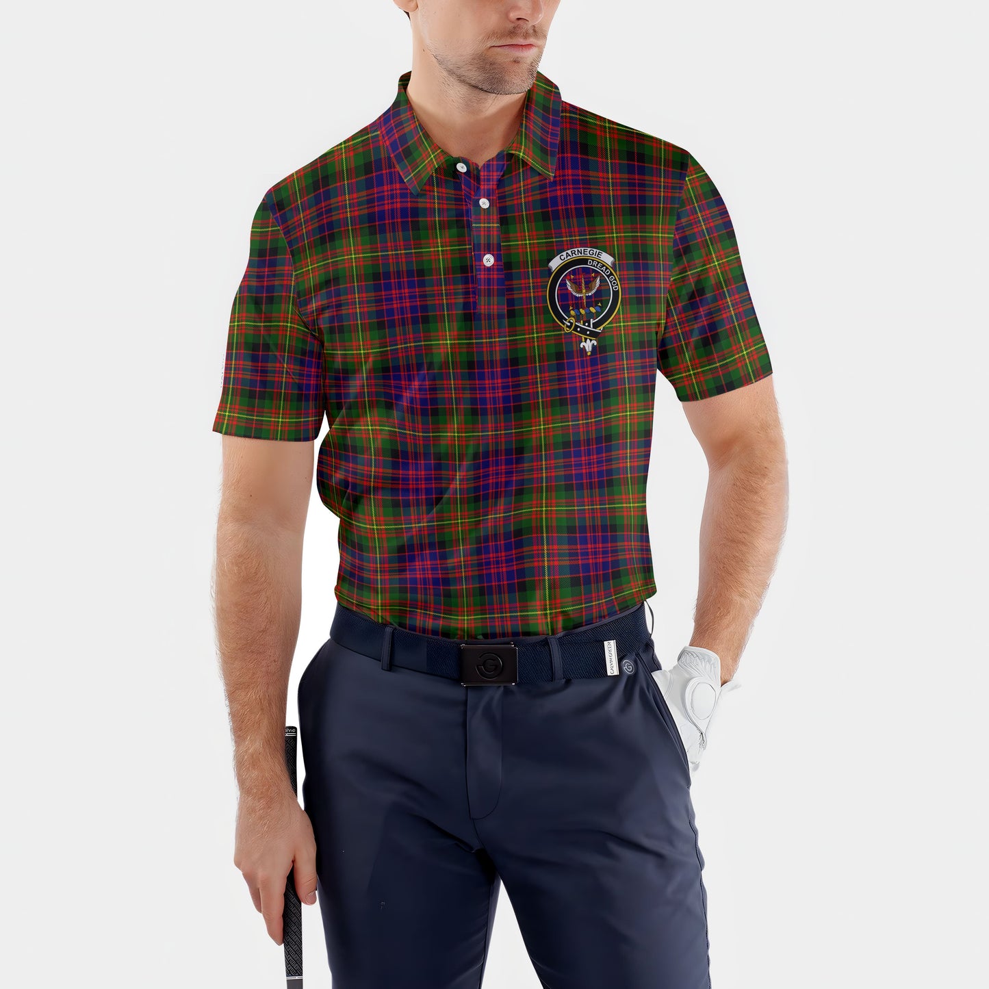 Clan Carnegie Tartan Golf Men Polo Shirt Crest And Plaid Basic Style