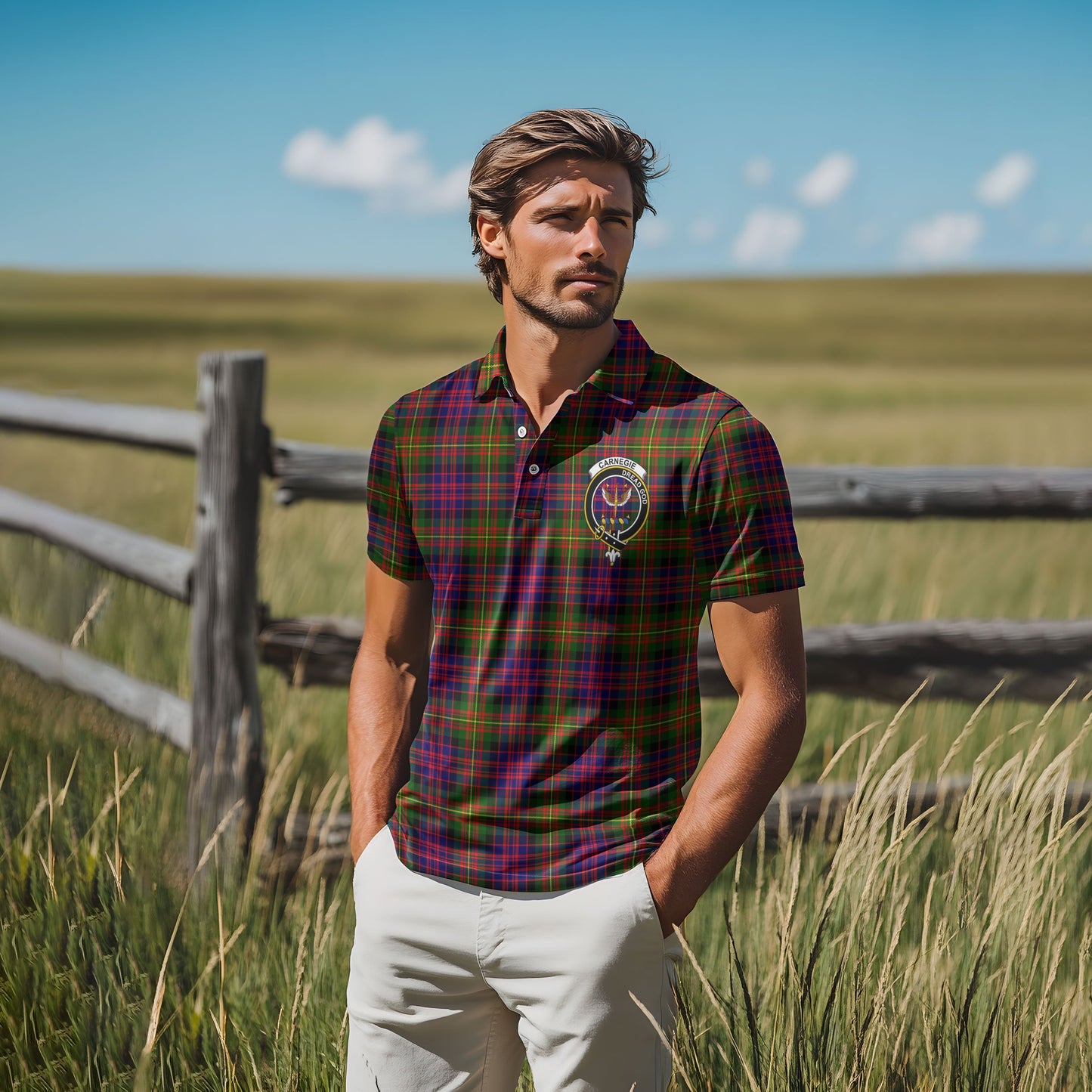 Clan Carnegie Tartan Golf Men Polo Shirt Crest And Plaid Basic Style